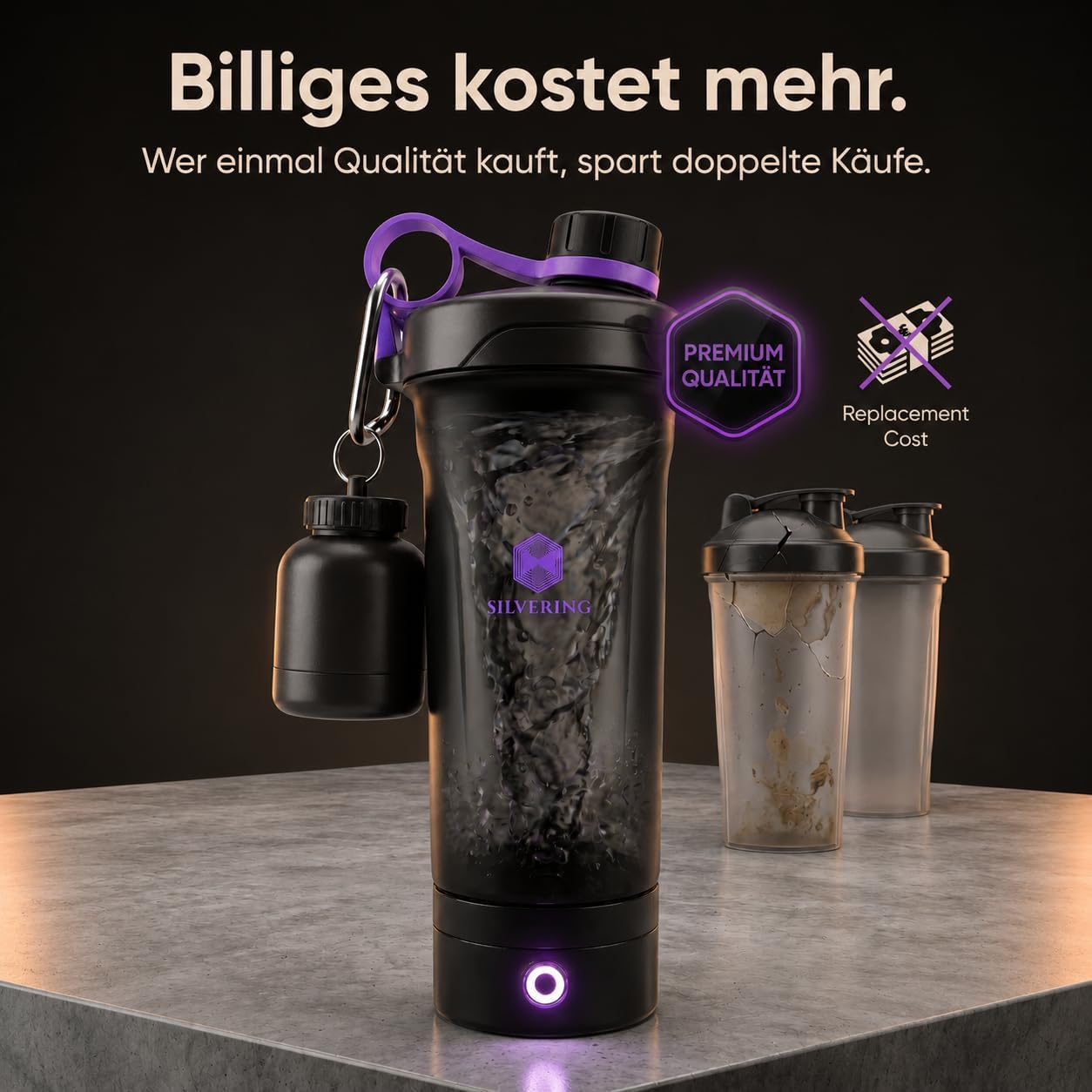 Silvering Elektro-Shaker, spülmaschinenfest, Protein-Shaker mit abnehmbarer Motoreinheit, USB-C wiederaufladbar, Trainingsflasche, BPA-frei, 600 ml, Protein-Shaker elektrisch (lila) – Bild 4