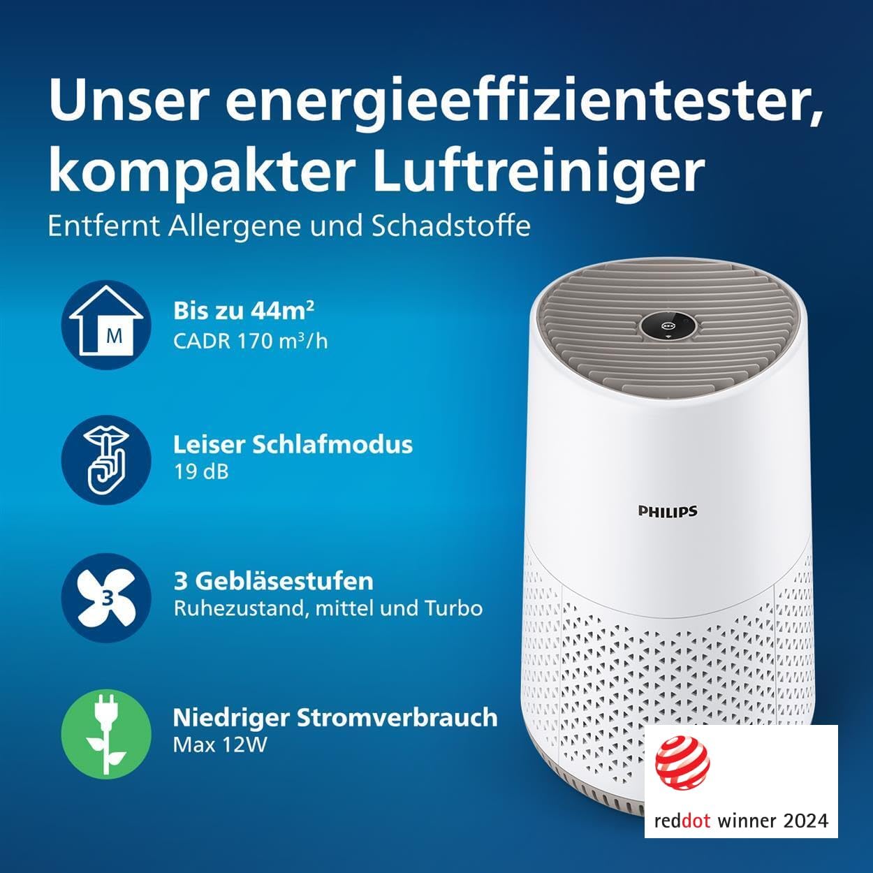 Philips Luftreiniger 600-Serie, besonders leise und energieeffizient für Allergiker, HEPA-Filter entfernt 99,97 Prozent der Schadstoffe, für Räume bis 44 m², App-gesteuert, Weiß (AC0650/10) – Bild 3