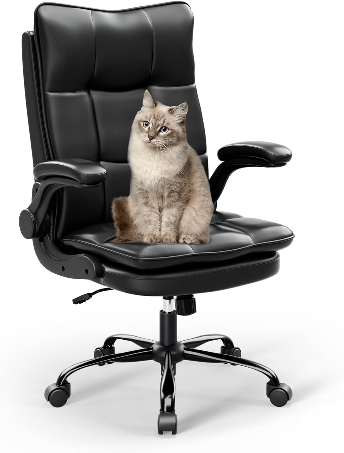 Ergonomischer Bürostuhl, Chefsessel mit kratzfester Technologie aus Leder, klappbare Armlehne, Dreh- und Wippfunktion, höhenverstellbar, doppelt verdickte Rückenlehne, Schwarz