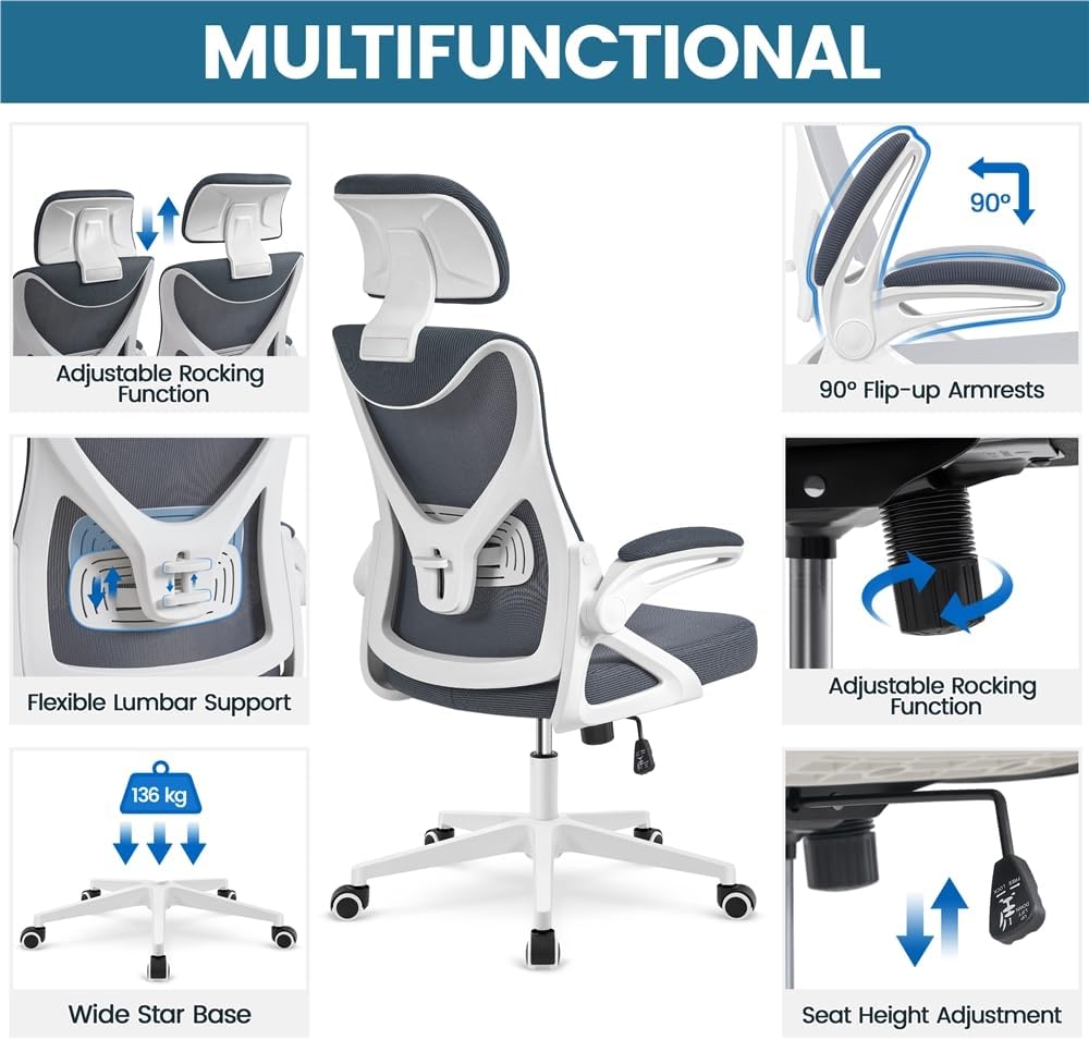 Yaheetech Ergonomischer Bürostuhl, Schreibtischstuhl mit klappbaren Armlehnen, Drehstuhl mit Rückenlehne und verstellbarer Kopfstütze, Chefsessel, Wippfunktion, maximale Belastung 136 kg, Weiß/Grau – Bild 5
