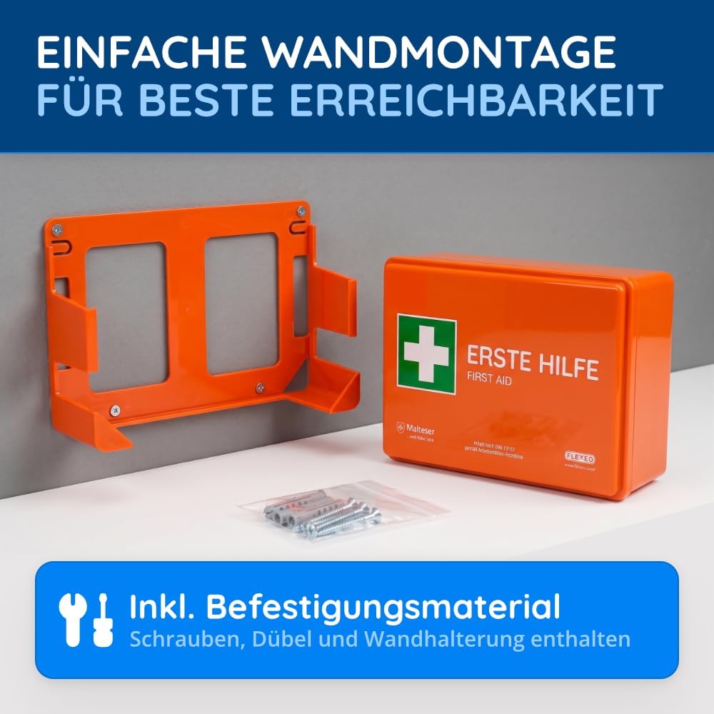 FLEXEO Erste-Hilfe-Set C nach aktueller DIN 13157 | mit Wandhalterung/Wandmontage | Betriebsapotheke / Verbandskasten für Betriebe, Büros und Baustellen gemäß ASR | Orange – Bild 4