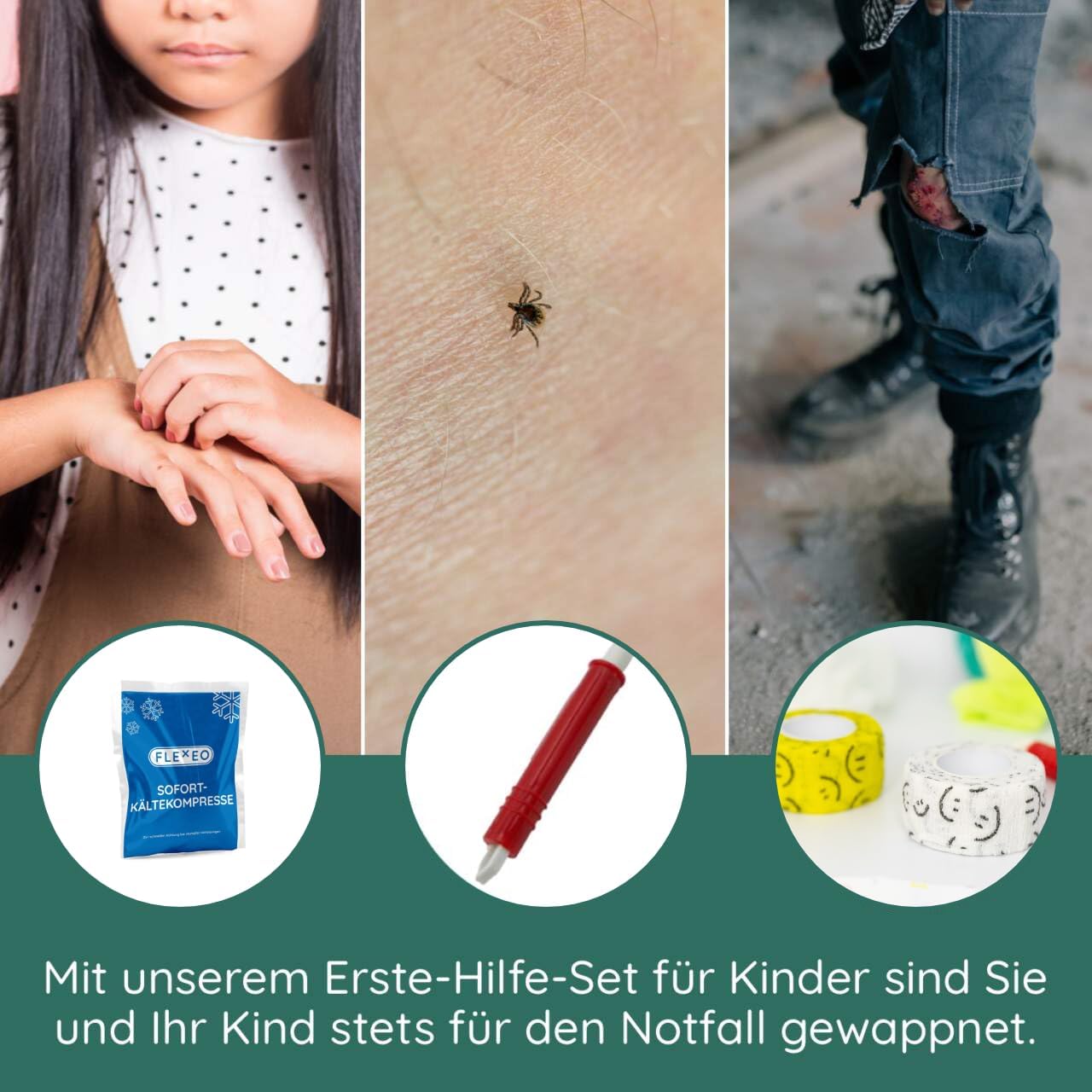FLEXEO Kinder-Erste-Hilfe-Set, Reiseapotheke gefüllt mit 47 Inhalten, Schere, Erste-Hilfe-Tasche Baby für unterwegs, Notfallset mit Fingerpuppe und Tapferkeitsaufklebern, Notfalltasche – Bild 6