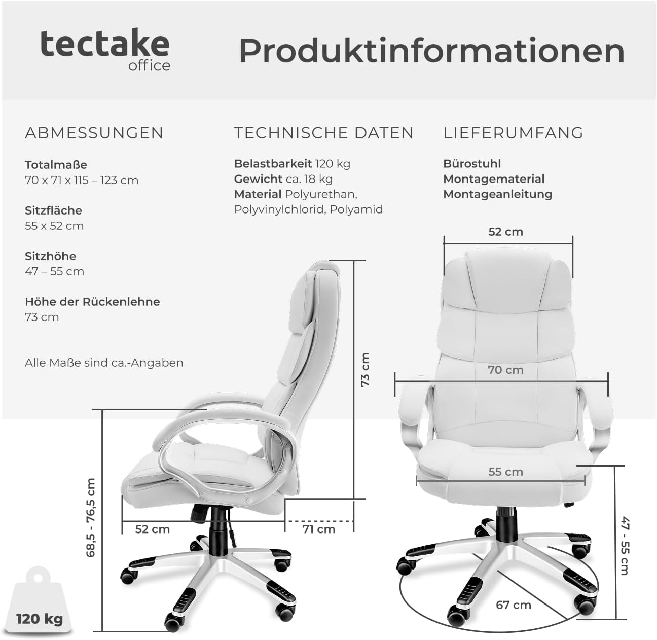 tectake Chefbürostuhl mit 12 cm Polsterung, Schreibtischstuhl mit Armlehnen und Wippfunktion, ergonomischer Bürostuhl höhenverstellbar, PC-Stuhl, Drehstuhl mit Rollen in Lederoptik – Weiß – Bild 2