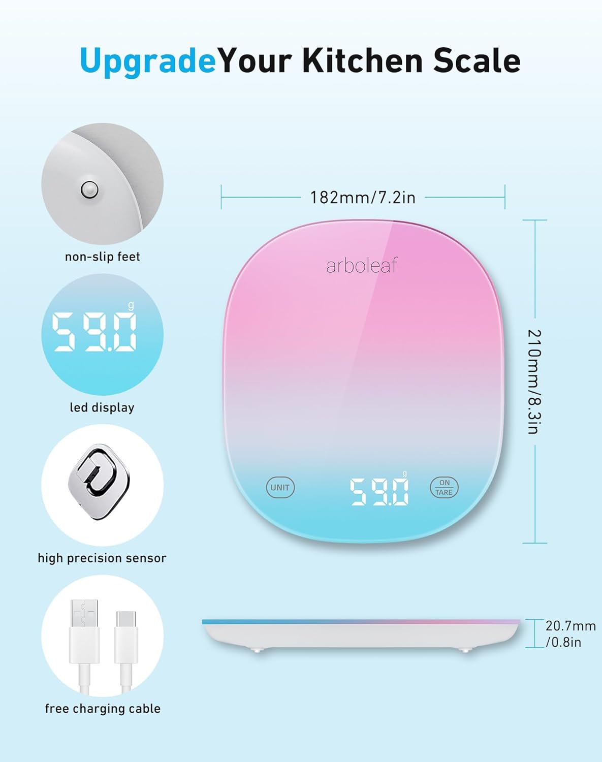arboleaf Küchenwaage mit App 10 kg, digitale Küchenwaage mit Kalorienzähler, Waage Küchenwaage USB wiederaufladbar mit Bluetooth und LED-Anzeige, Lebensmittelwaage 0,5 g Genauigkeit aus gehärtetem Glas (bunt) – Bild 6