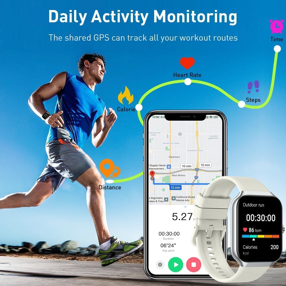 Smartwatch Herren Damen 1,96 Zoll HD 2026 Fitnessuhr Smartwatch mit Telefonfunktion, 115+ Sportmodi Schrittzähleruhr, Herzfrequenz-SpO2-Schlafmonitor, IP68 wasserdichte Sportuhr für Android iOS – Bild 2