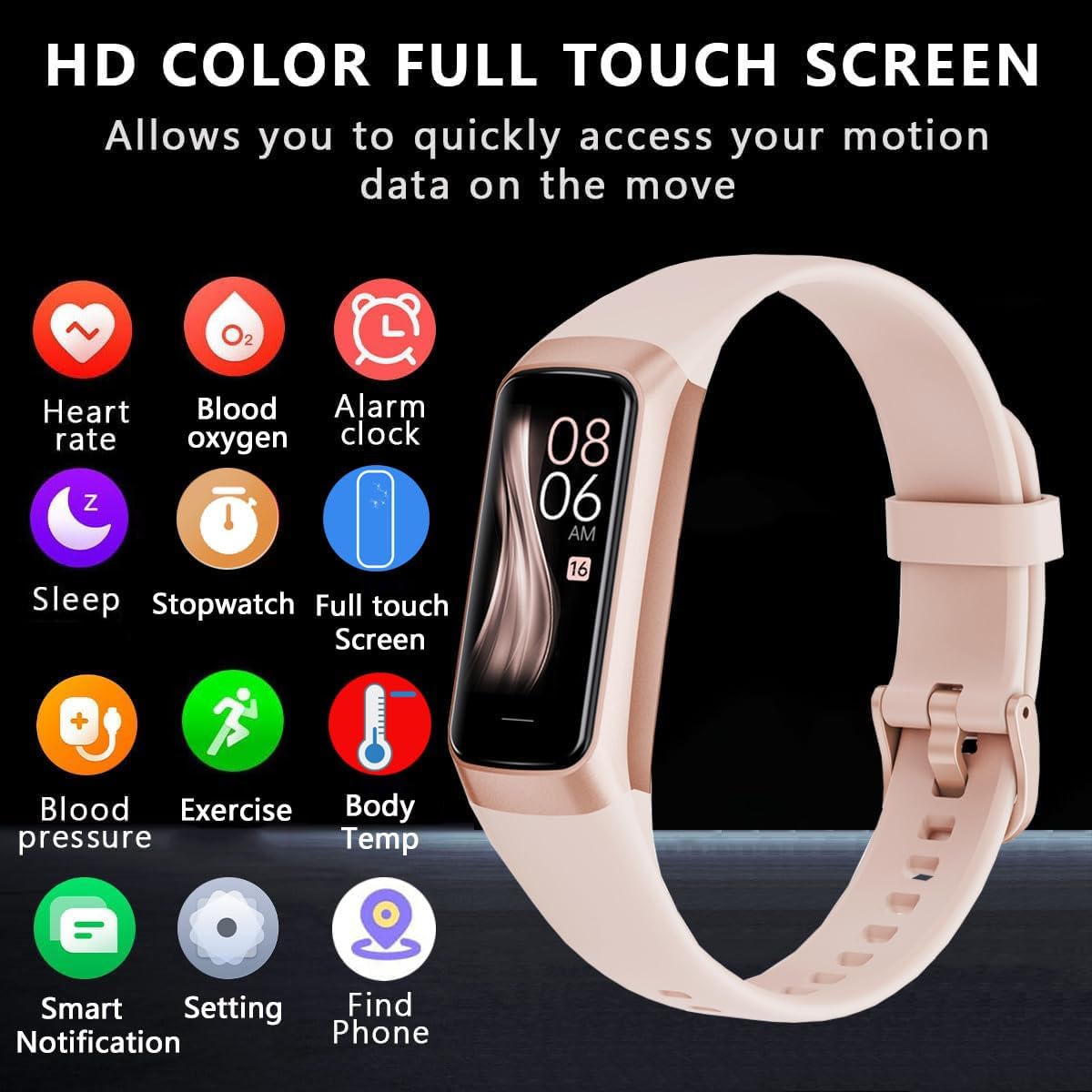 Fitness-Tracker Smartwatch für Herren und Damen, 24-Stunden-Herzfrequenz- und Schlaf-Tracking, Blutsauerstoff-Tracking, 20+ Sportmodi, 1,1 Zoll AMOLED-Display, Schrittzähler, IP67 wasserdicht für iOS Android (Rose Pink) – Bild 2