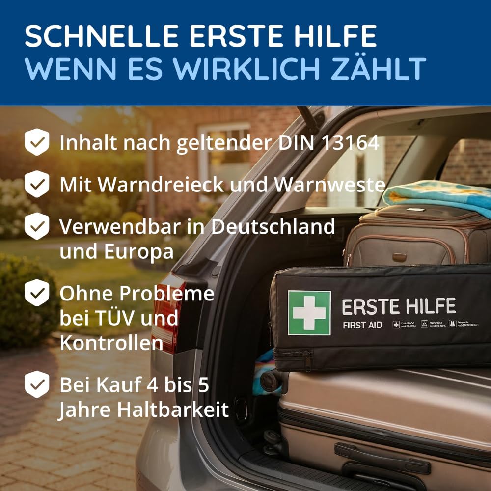 Auto-Verbandstasche inkl. Warndreieck und Warnweste nach aktueller DIN 13164:2022, gültig für 2023, Verbandskasten für Auto, Auto, Motorrad, schwarz, Langformat – Bild 2