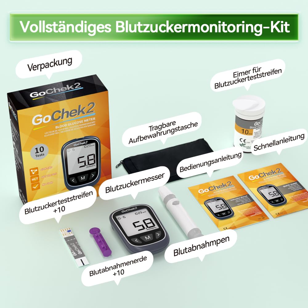 MicroTech Blutzuckermessgerät-Set mit 10 Teststreifen und Lanzetten, ohne Codierung, 500 Speicher, breiterer HKT für die Familie (mmol) – Bild 11