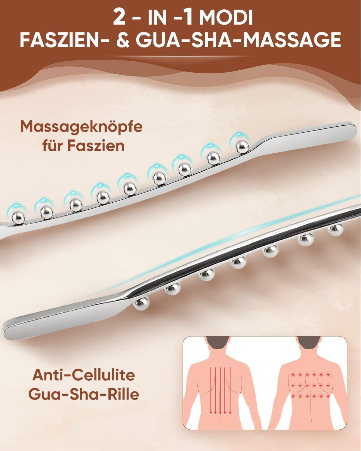 2-in-1 Faszienstab Edelstahl Gua Sha Faszienmuskelschaber Faszienroller Werkzeug für Lymphdrainage, Cellulite-Reduktion, Faszienmassage, Triggerpunkttherapie, Lösen von Verklebungen – Bild 3