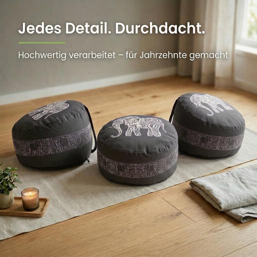 Ergo - Ergonomisches Meditationskissen – Das Yoga Kissen & Yogakissen rund | Yoga Sitzkissen Rund | Bodensitzkissen | Zafu mit Buchweizenschalen | Meditationskissen Elefant Anthrazit – Bild 3
