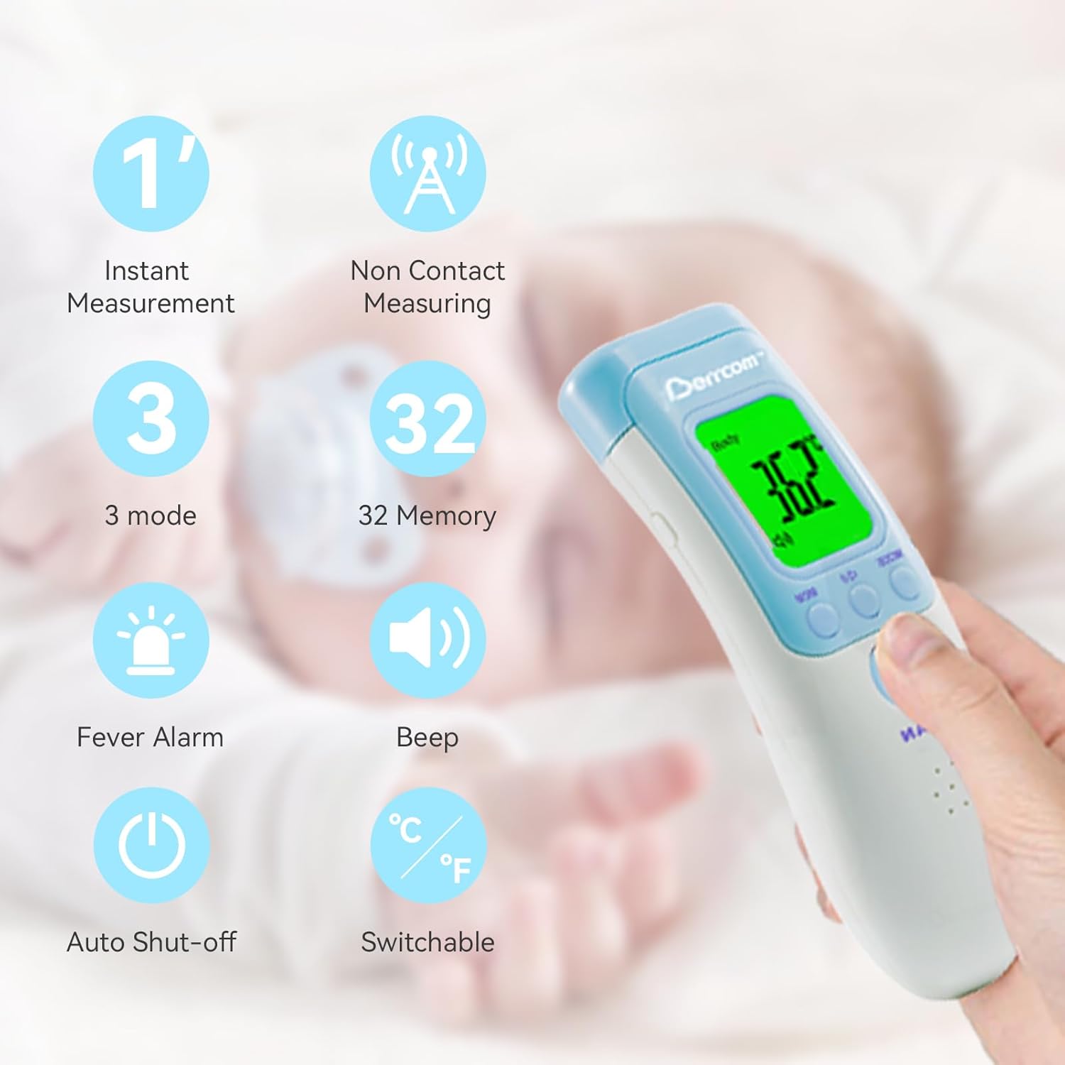 Berrcom Fieberthermometer, kontaktloses Stirnthermometer für Babys, digitales Infrarot-Medizinthermometer mit Fieberalarm – Bild 4
