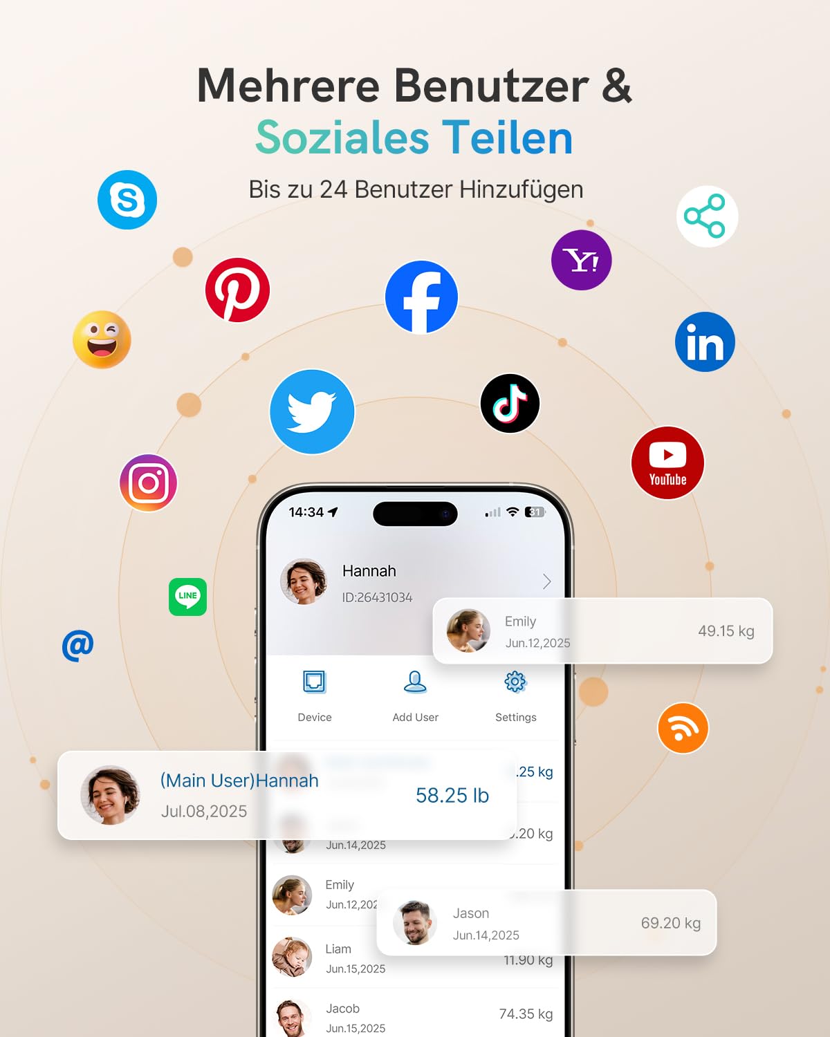 Personenwaage Körperfettwaage Bluetooth Körperanalysewaage mit VA-Anzeige, 22 Körperwerte, Herzfrequenz, BMI, Körperfett & Muskelmasse, kompatibel mit iOS/Android, max. 180 kg – Bild 7