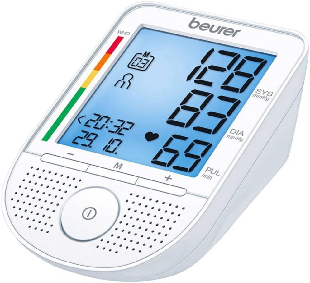 Beurer BM 49 Sprechendes Blutdruckmessgerät (DE, FR, IT, NL) mit Risikoindikator und Arrhythmieerkennung, zwei Benutzerspeicher mit 60 Speicherplätzen, Anwendungsfehlermeldung