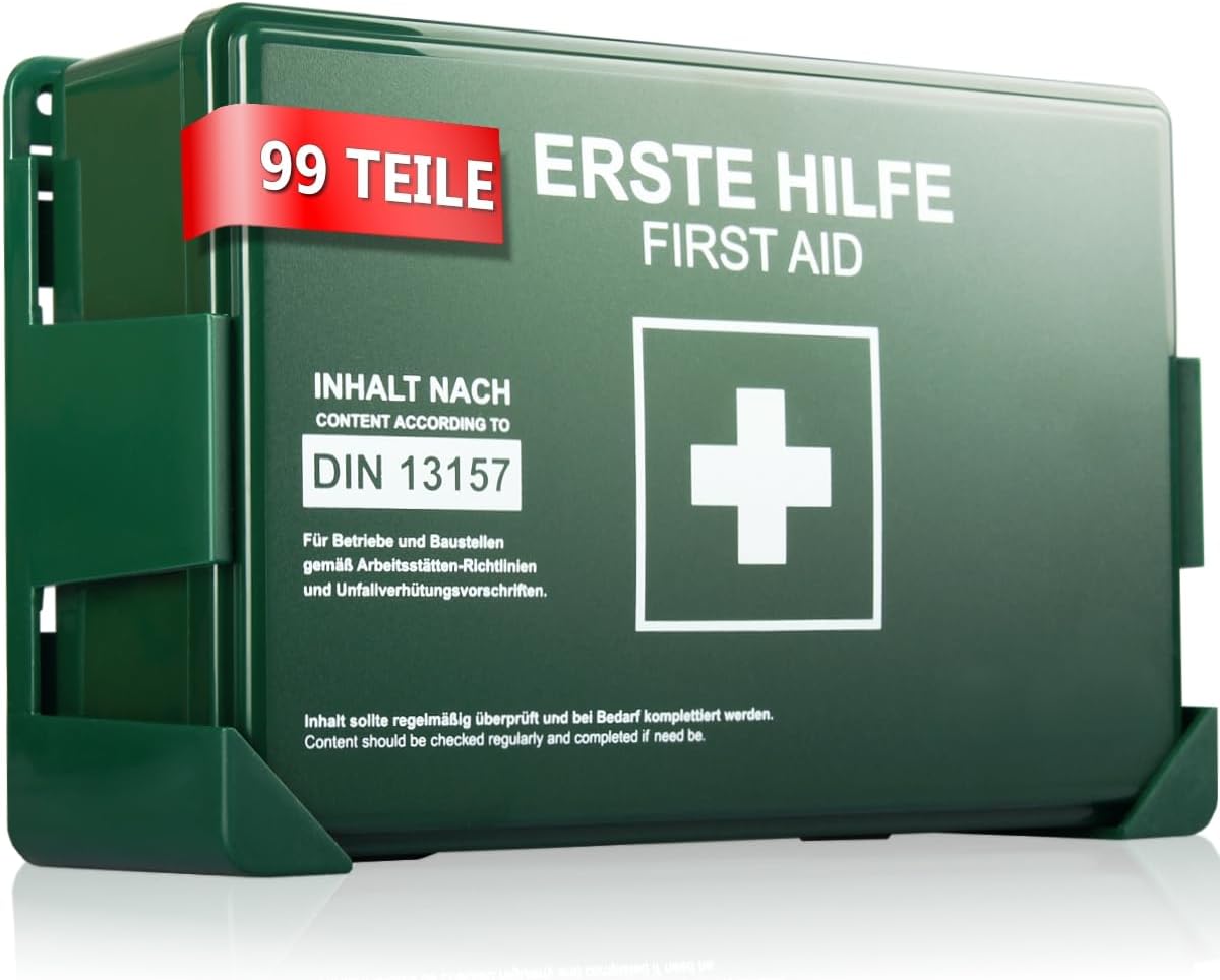 Erste-Hilfe-Set mit Inhalt, Wandhalterung, 5 x Aufkleber nach DIN 13157, Erste-Hilfe-Set für den Baustellen-Bürobetrieb