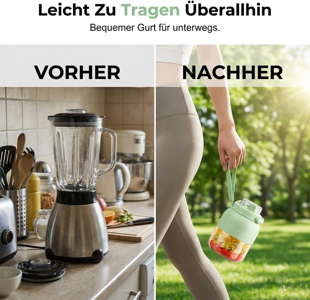 Tragbarer Mixer, 500 ml Fresh Juice Mixer Flasche, Smoothie Maker mit 10 Klingen, Smoothie Maker to Go, Kabellos USB Wiederaufladbarer Mini-Mixer, für Reise Büro Sport Fitness Küche (Doppeldeckel 1 Stück) – Bild 4