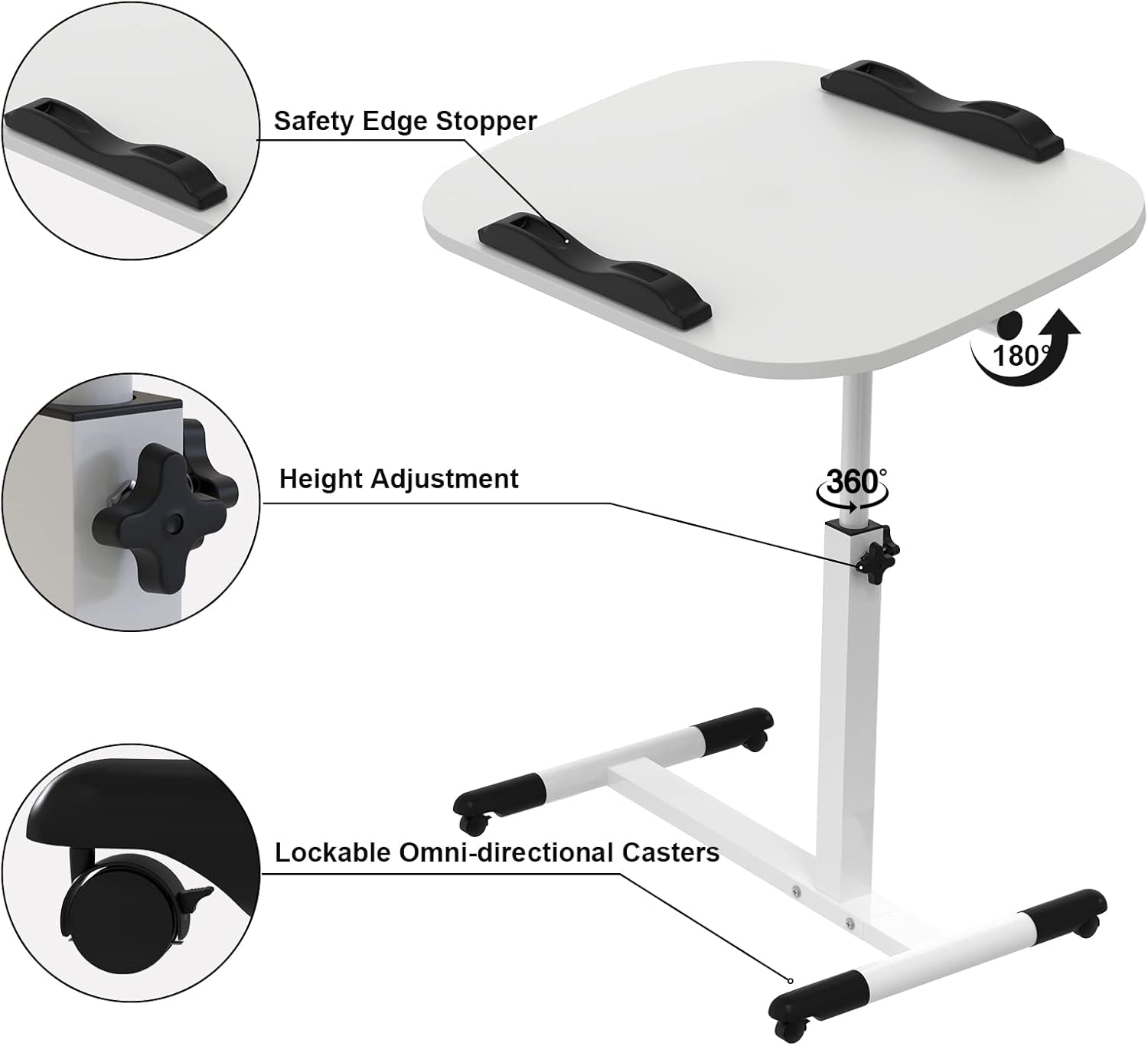 Kleiner Klapptisch, Beistelltisch auf Rollen, höhenverstellbar, Computertisch, mobiler Stehtisch, ergonomisch 360° drehbar (weiß, 60 x 40 x 61-95 cm) – Bild 4