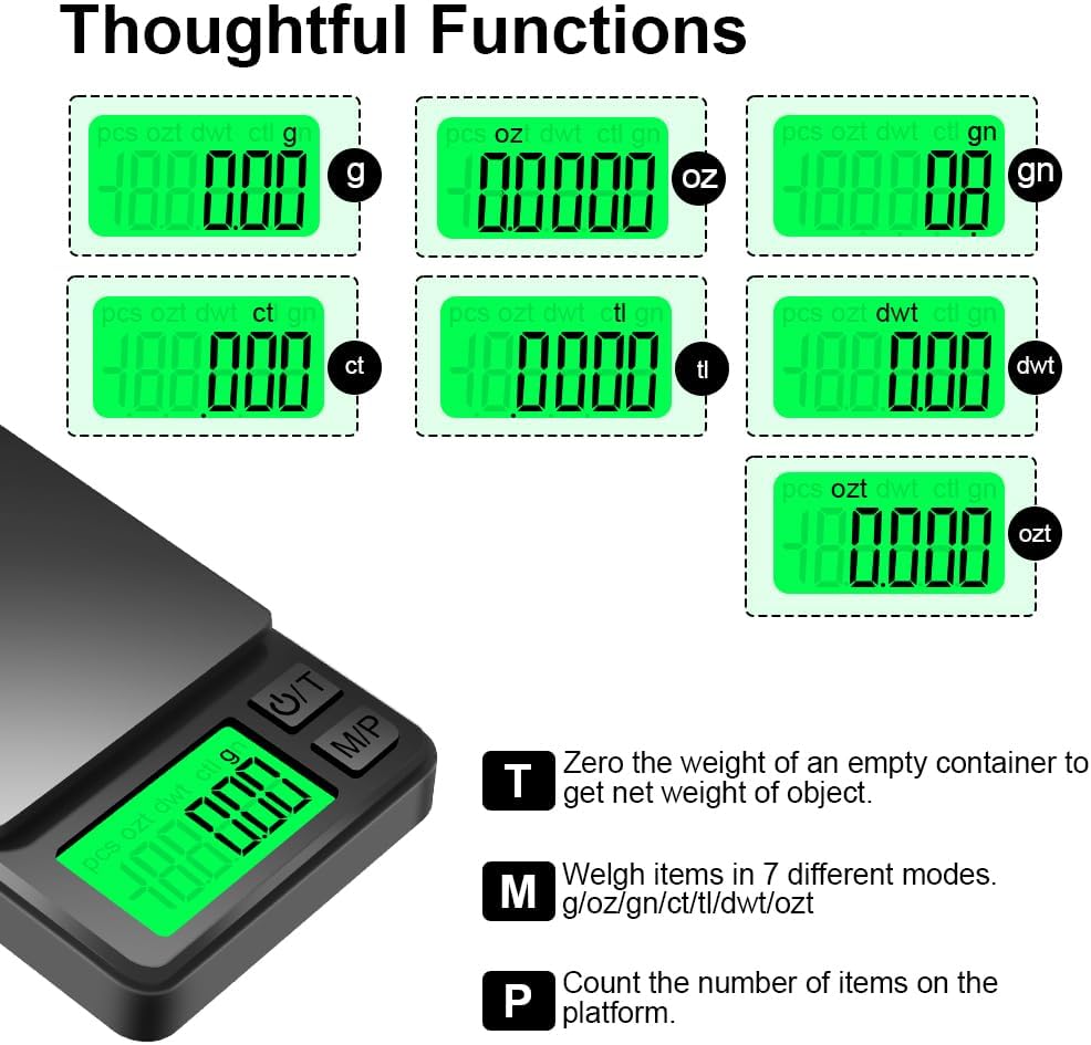 HOTUT Taschenwaage, 1000 g/0,01 g, Präzisionswaage mit LCD-Display, tragbar, kompakt, Goldwaage, Münzwaage, Schmuckwaage, Mini-Küchenwaage, multifunktionale digitale Waage, für Lebensmittel, Schmuck, Tee, Kaffee, Labor – Bild 3