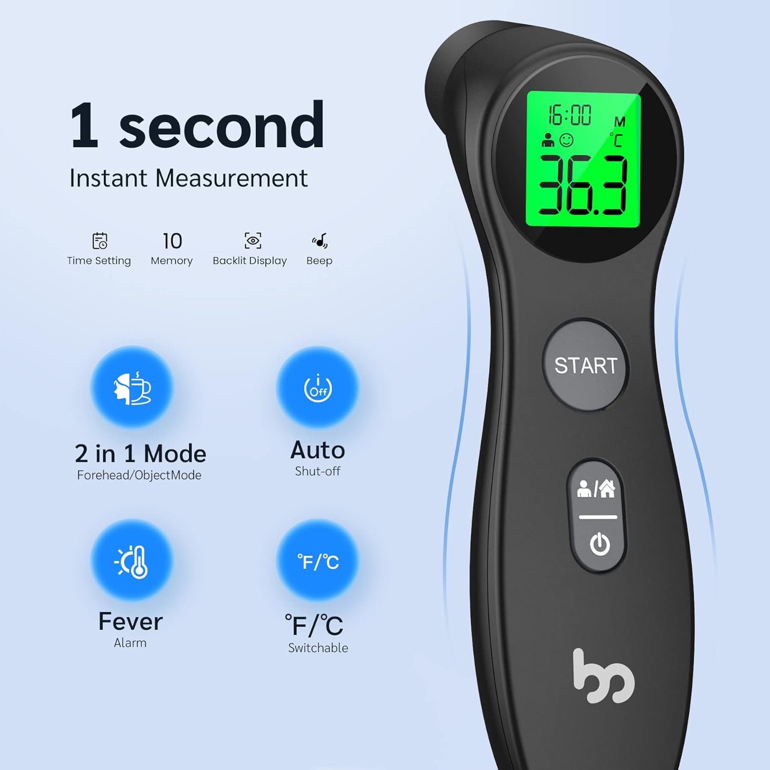 Femometer Stirnthermometer für Babys, Kinder und Erwachsene, kontaktloses Fieberthermometer mit Fieberalarm, 1s sofortige genaue Ablesung, Schwarz – Bild 2
