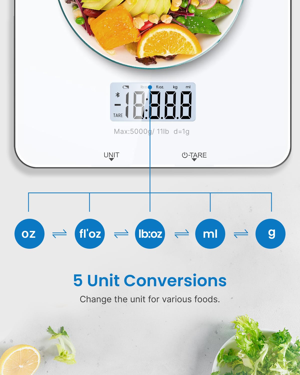 RENPHO Digitale Küchenwaage mit LCD-Display, professionelle Haushaltswaage mit Tara-Funktion, Lebensmittelwaage zum Backen und Kochen, 1 g/0,05 oz präzise Teilung, 5 kg Maximalgewicht – Bild 5