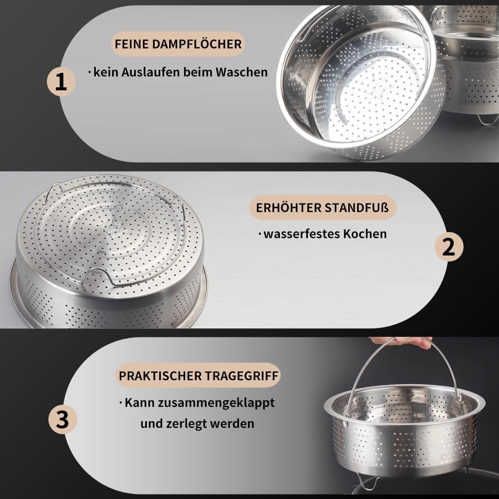 Dampfgareinsatz Edelstahl 304, Dampfgareinsatz für Topf, Dampfgareinsatz für Töpfe für Töpfe, Kochtöpfe, Schnellkochtopf, Dünsten von Gemüse, Früchten, Eiern (22 cm) – Bild 7