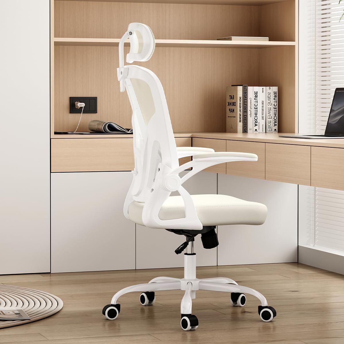Farini Ergonomischer Stuhl mit Armlehne, Büro-Schreibtischstuhl mit Rollen, bequemer Home-Office-Stuhl, Weiß – Bild 7