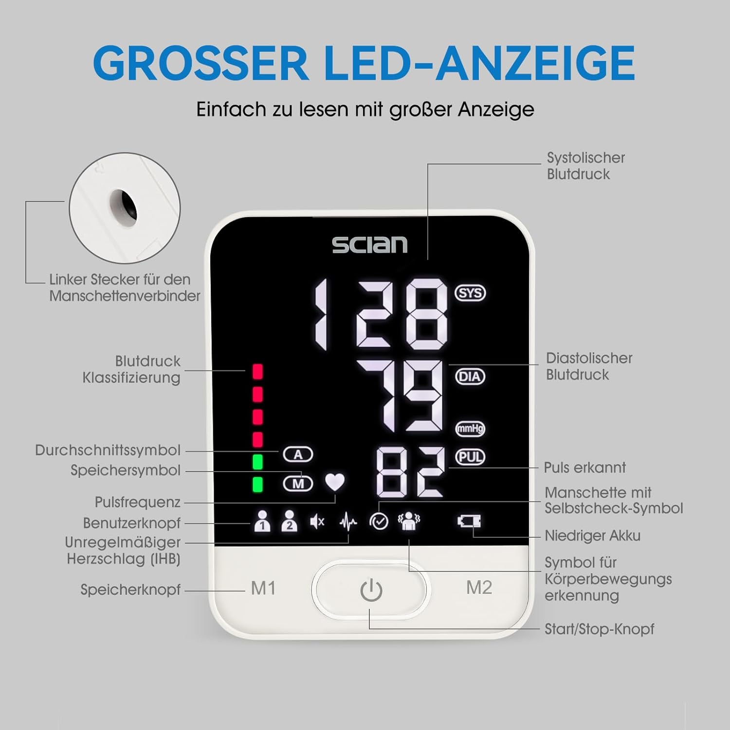 Scian Blutdruckmessgerät Oberarm für den Heimgebrauch, automatisches Blutdruckmessgerät mit Manschette 22–42 cm, Sprachübertragung, großes LED-Display, 2 Benutzer 200 Speicher, Typ-C-Kabel – Bild 4