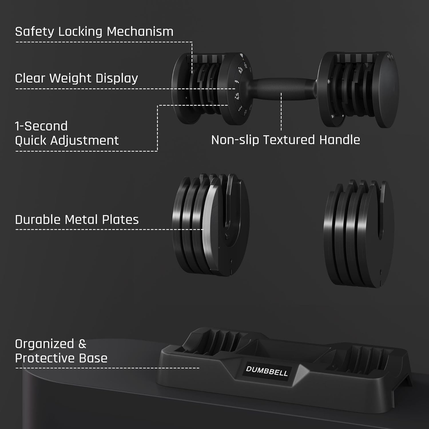 Yaheetech Verstellbarer Hantel, 15 Stufen aus Stahl, 2,5 – 24 kg, sofortige Anpassung, Doppelverriegelungssystem, rutschfest, für Fitnessstudio, Zuhause, Büro – Bild 8