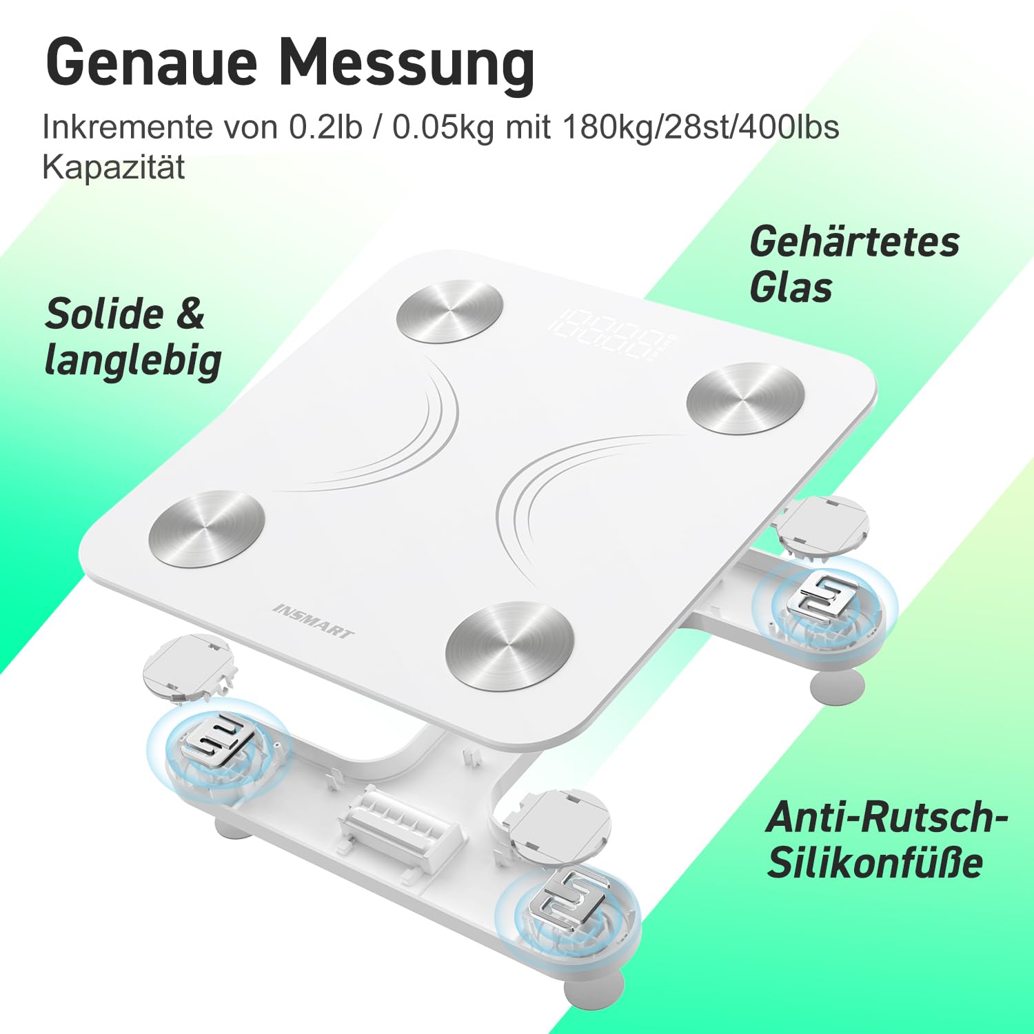 INSMART Digitale Personenwaage mit Bluetooth, Körperanalysewaage, Körperfettwaage für BMI, Gewicht, Pulsschlag, Wasser, Protein, Körperfett und Muskelmasse, 180 kg/400 lbs (weiß) – Bild 4