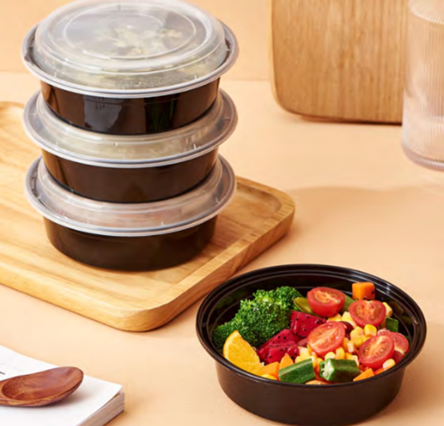 AKOLAFE 25 Stück runde Meal-Prep-Boxen mit Deckel, 1000 ml, Meal-Prep-Boxen aus Kunststoff, wiederverwendbare Meal-Prep-Behälter, Lunchbox aus Kunststoff, luftdicht, mikrowellen-, spülmaschinenfest – Bild 6
