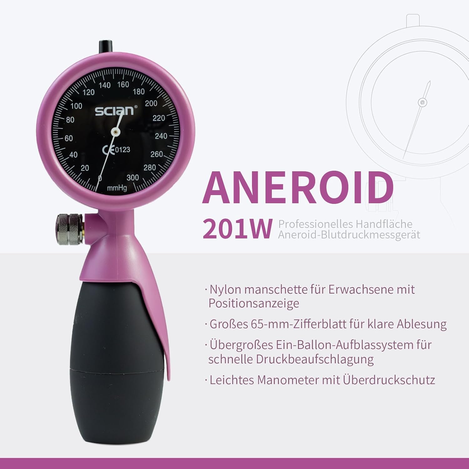 SCIAN Hand-Hand-Blutdruckmessgerät, Aneroid-Blutdruckmessgerät zur Oberarmmessung mit europäischer Manschette (22–42 cm), inklusive Tragetasche für Krankenschwestern, Ärzte, Senioren, Erwachsene – Bild 2