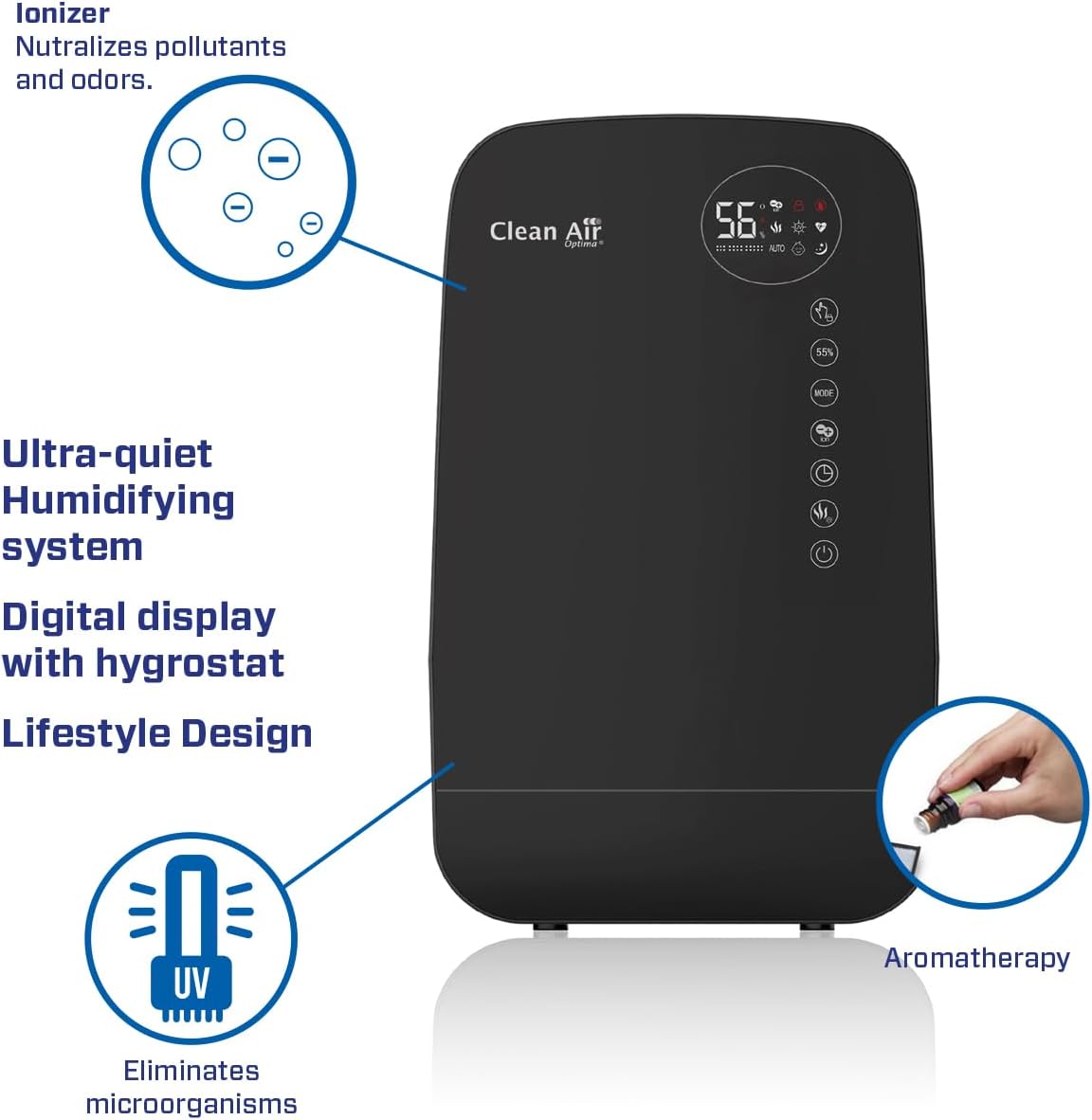 Clean Air Optima CA-607B Smart Luftbefeuchter mit Ionisator und Aromatherapie – Befeuchtungsleistung max. 480 ml/h – Wassertankinhalt 5,5 Liter – Geeignet für Räume bis 65 m²/160 m³ (Schwarz) – Bild 2