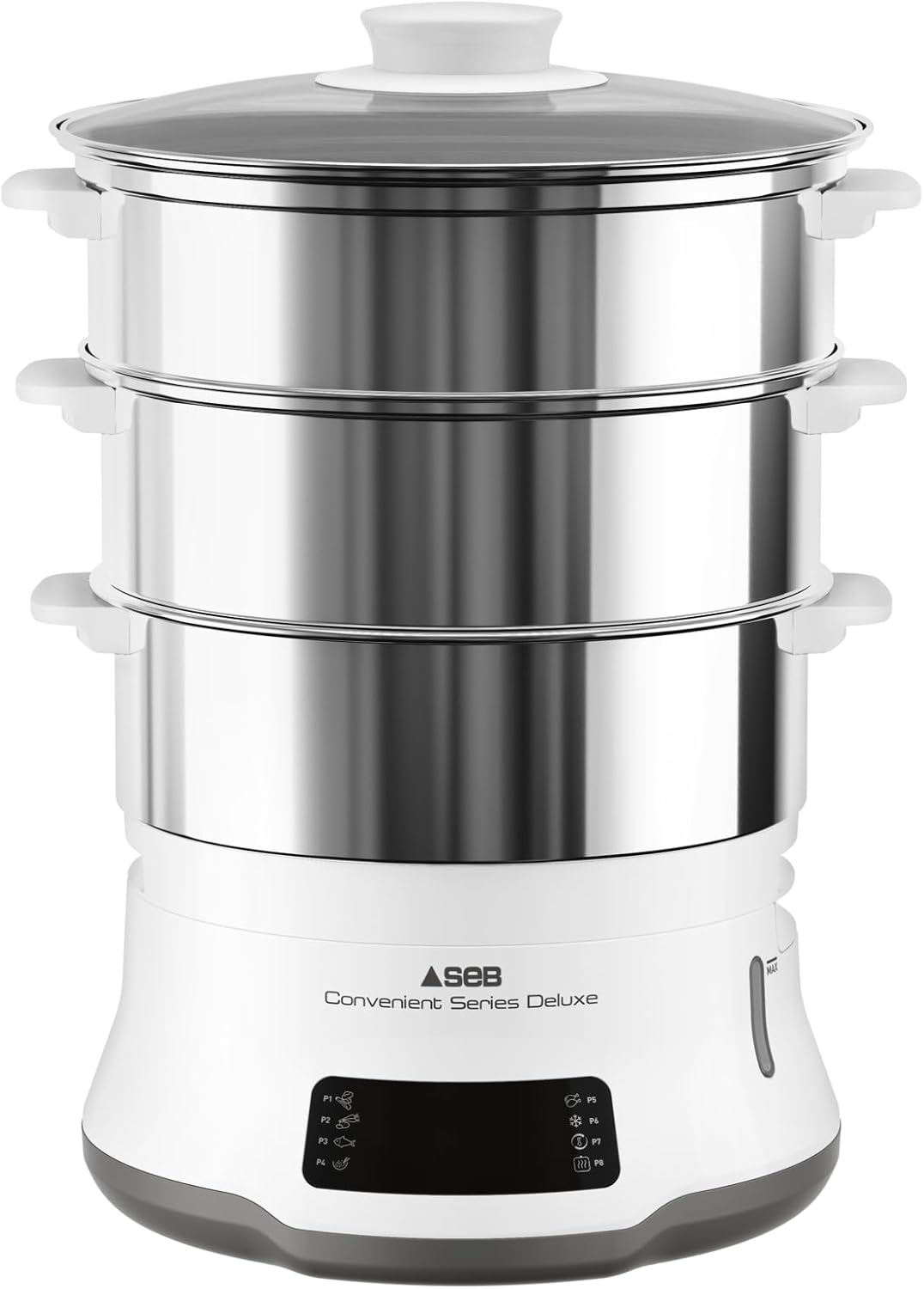 Tefal Convenience Series Deluxe Dampfgarer, einfacher Touchscreen, 8 Programme, Garen auf 3 Ebenen, Edelstahlbehälter, langlebige Qualität, gesunde Zubereitung, Edelstahl/Weiß, VC502D – Bild 2