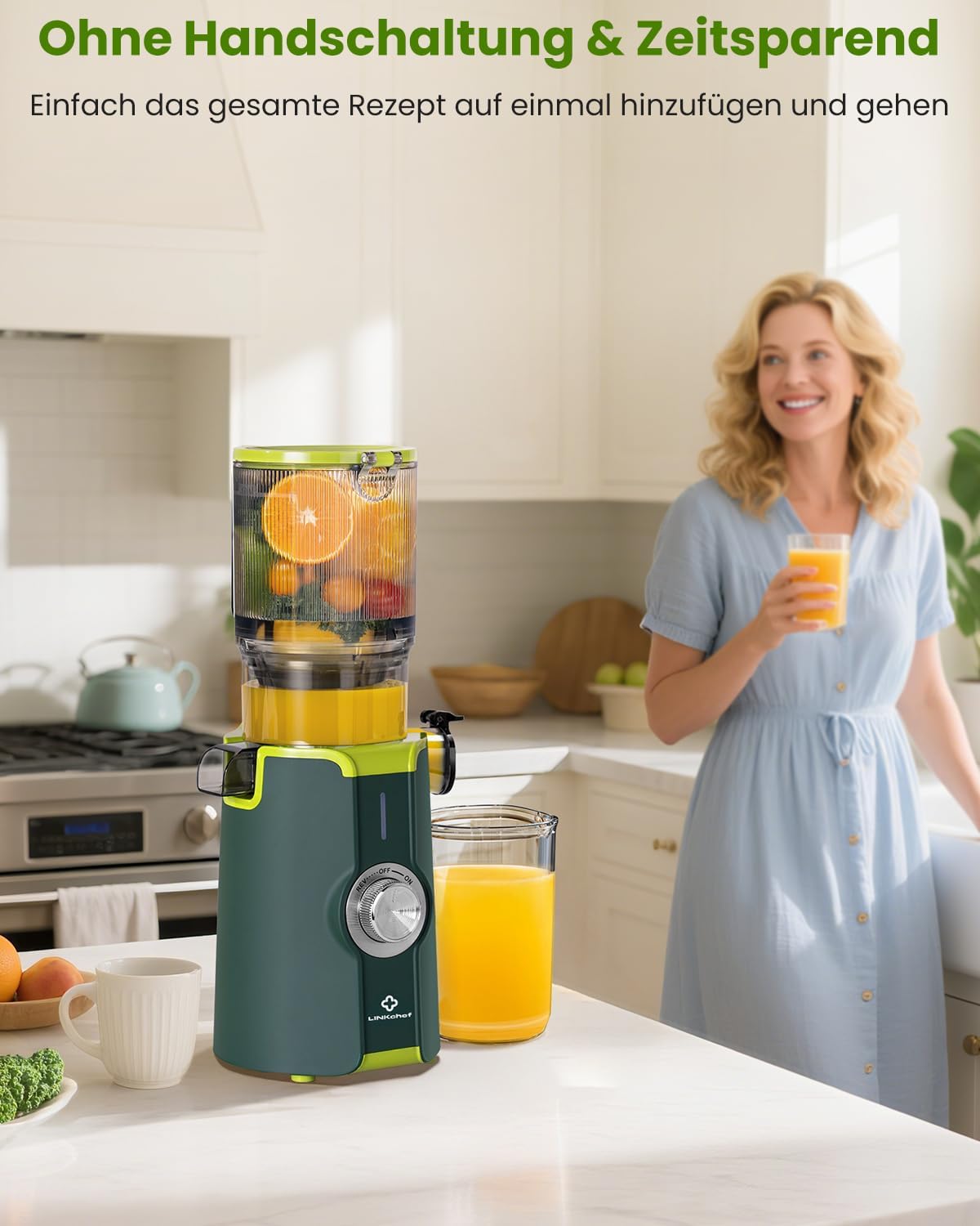 LINKChef Slow Juicer, Entsafter Gemüse und Obst, Testsieger mit 115 mm großem Entsafter, Kaltentsafter für ganze Früchte/Gemüse, Blitzreiniger, einfache Installation, BPA-frei, 200 W, Grün – Bild 9