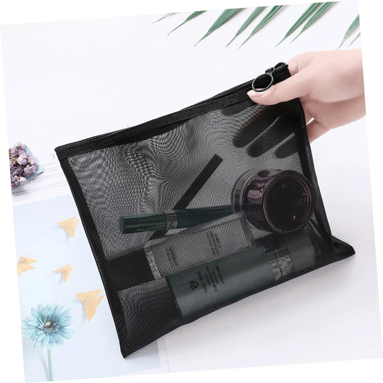 WOONEKY 3-teiliges Set Netz-Kosmetiktaschen, tragbare Make-up-Tasche für Frauen, für Reisen, Fitnessstudio und Alltag, großes Fassungsvermögen, Schwarz – Bild 8