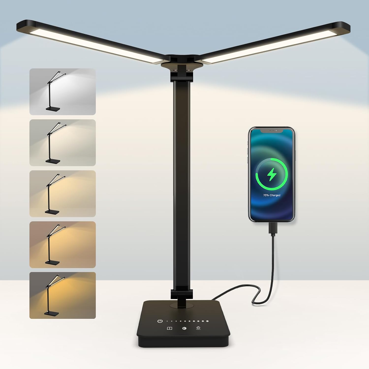 Schreibtischlampe LED dimmbar mit 4000 mAh Akku, 5 Farben und 10 Helligkeitsstufen – kabellose Tischlampe mit USB-Anschluss, Touch-Steuerung und Timer für Kinder, Büro und Lesen (schwarz)