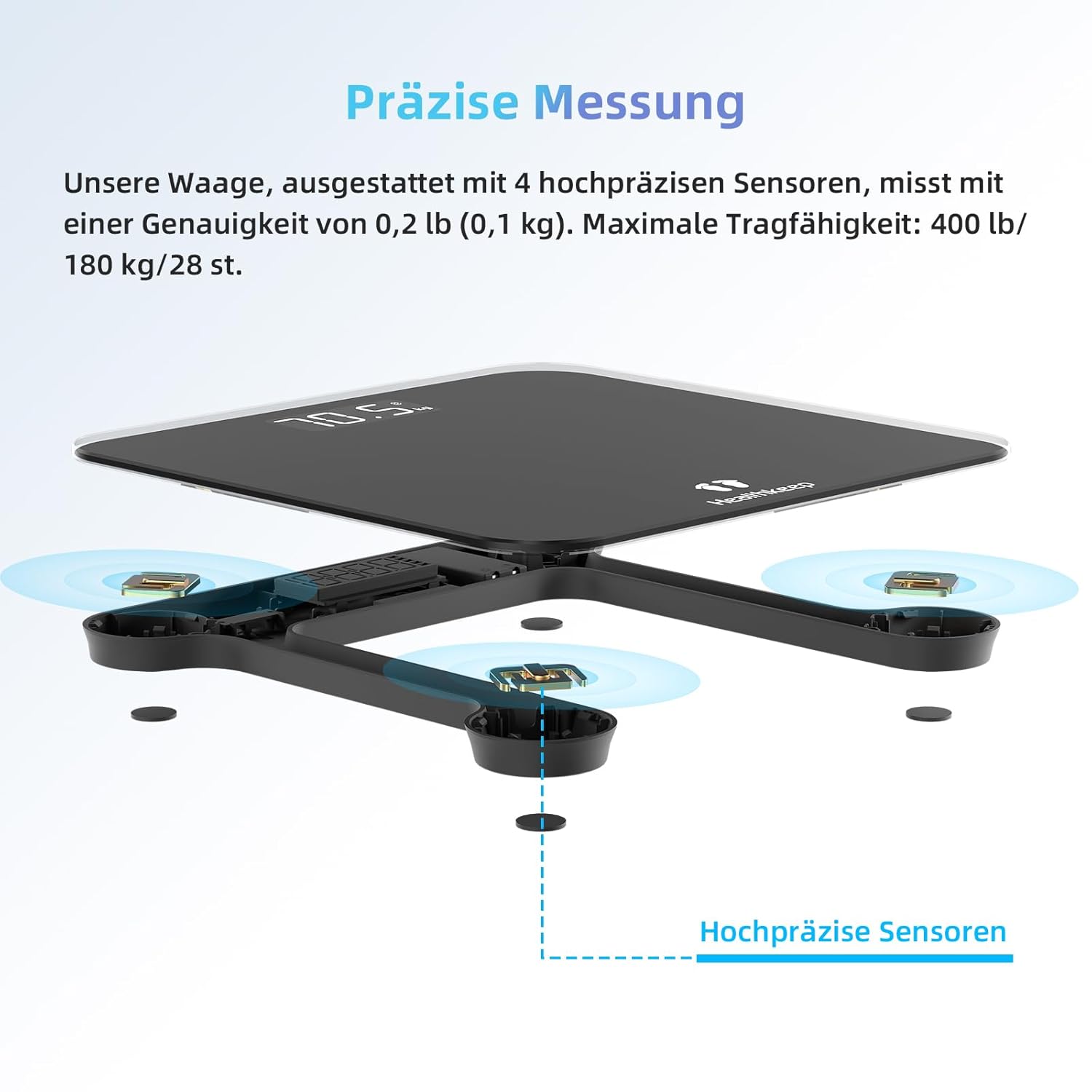 Personenwaage von Healthkeep – Digitale Körperwaage mit hochpräzisen Sensoren, Tragkraft bis 180 kg, Digitalwaage mit klarem LED-Display, Personenwaage aus kompaktem Hartglas 26 x 26 cm, Schwarz – Bild 3