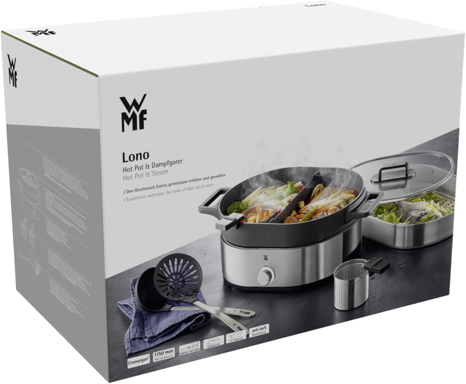 WMF Lono Hot Pot & Dampfgarer elektrisch 3,6 l, chinesisches Fondue für 6 Personen, elektrischer Dampfgarer, Dampfaufsatz für Dim Sum, Bao, Garkorb, 1700 W, Edelstahl matt – Bild 16
