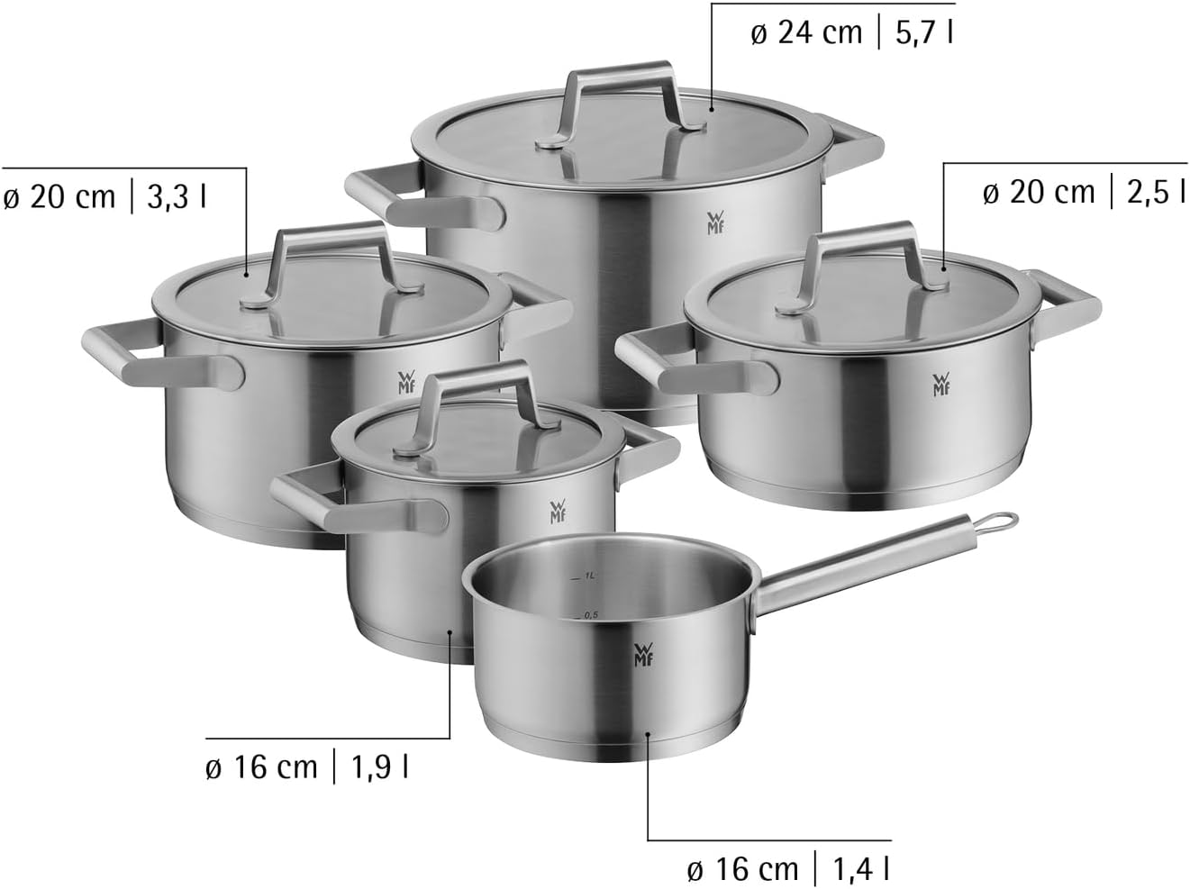WMF Comfort Line 5-teiliges Induktions-Topfset mit Glasdeckel, Cromargan-Edelstahl matt, Skala, Induktions-Topfset, stapelbar, unbeschichtet – Bild 8