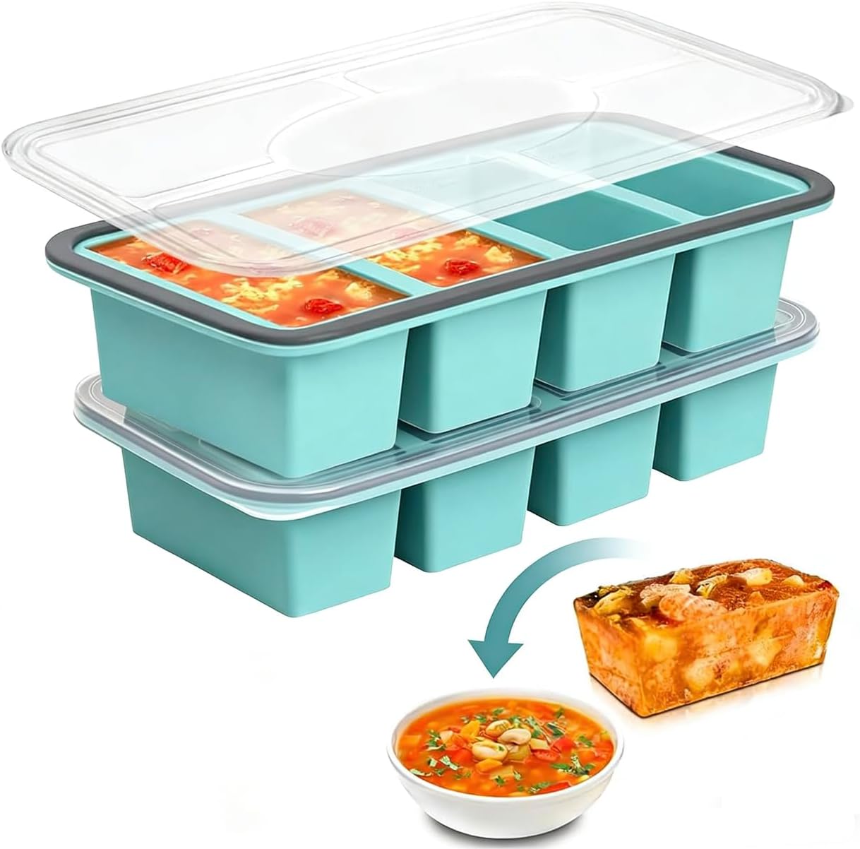 2 Stück Suppen-Gefrierbehälter, Silikon-Gefrierform Suppe mit Deckel, 4 Gitter, 250 ml Silikon-Gefriertablett, BPA-frei, stapelbarer Gefrierbehälter für Suppe, Brühe, Soße, Eiswürfel (4 Gitter)