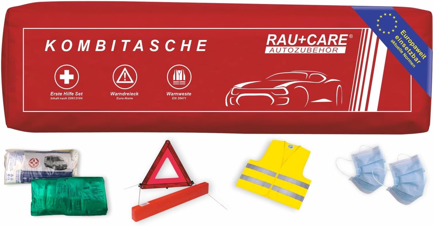 Rau Auto-Kombitasche rot (3 in 1) aktuell 2026 – alles inklusive: Warndreieck + Warnweste + Verbandstasche DIN 13164 + Masken – geprüfte StVO-Konformität – europaweit einsetzbar – Pannen-Set