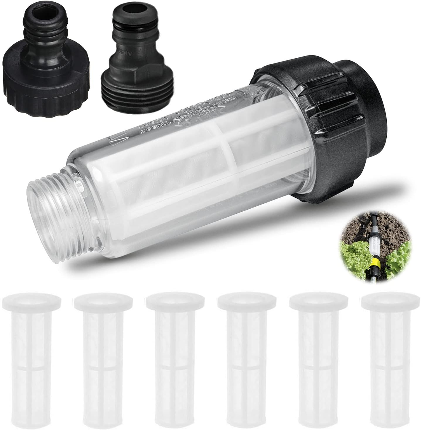 Wasserfilter-Set, 3/4 Zoll Wasservorfilter mit 6 Stück Filtereinsatz & 2 Schnelladaptern, für Hochdruckreiniger, Gartenbewässerung, Gartenpumpe, Wohnmobil, Haushalt (Schwarz)