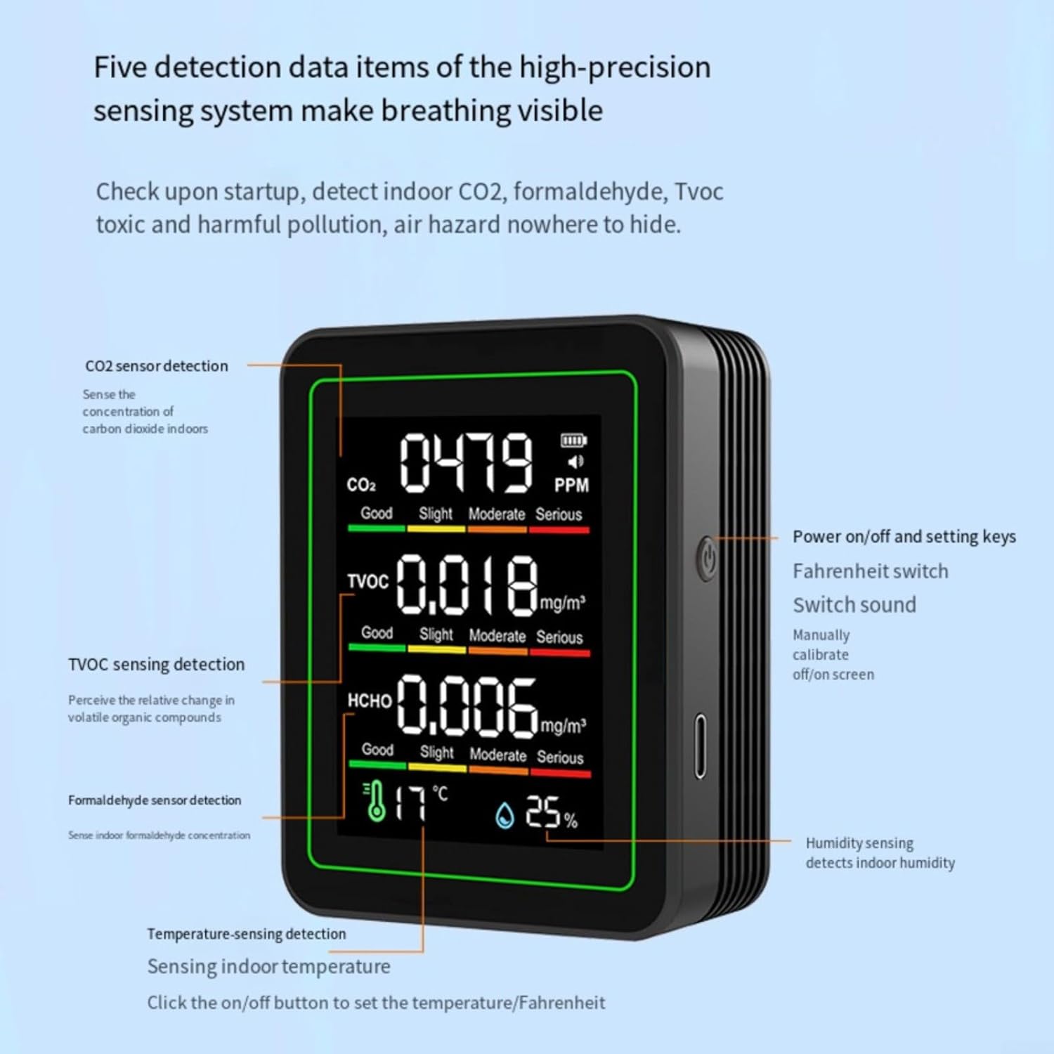 5-in-1-Luftqualitätsmonitor für HCHO, TVOC, Temperatur und Luftfeuchtigkeit; 1,8 Zoll HD-Display, 30-Stunden-Akku; Typ-C; ideal für Zuhause, Büro und Lager, Glewi, Schwarz – Bild 2