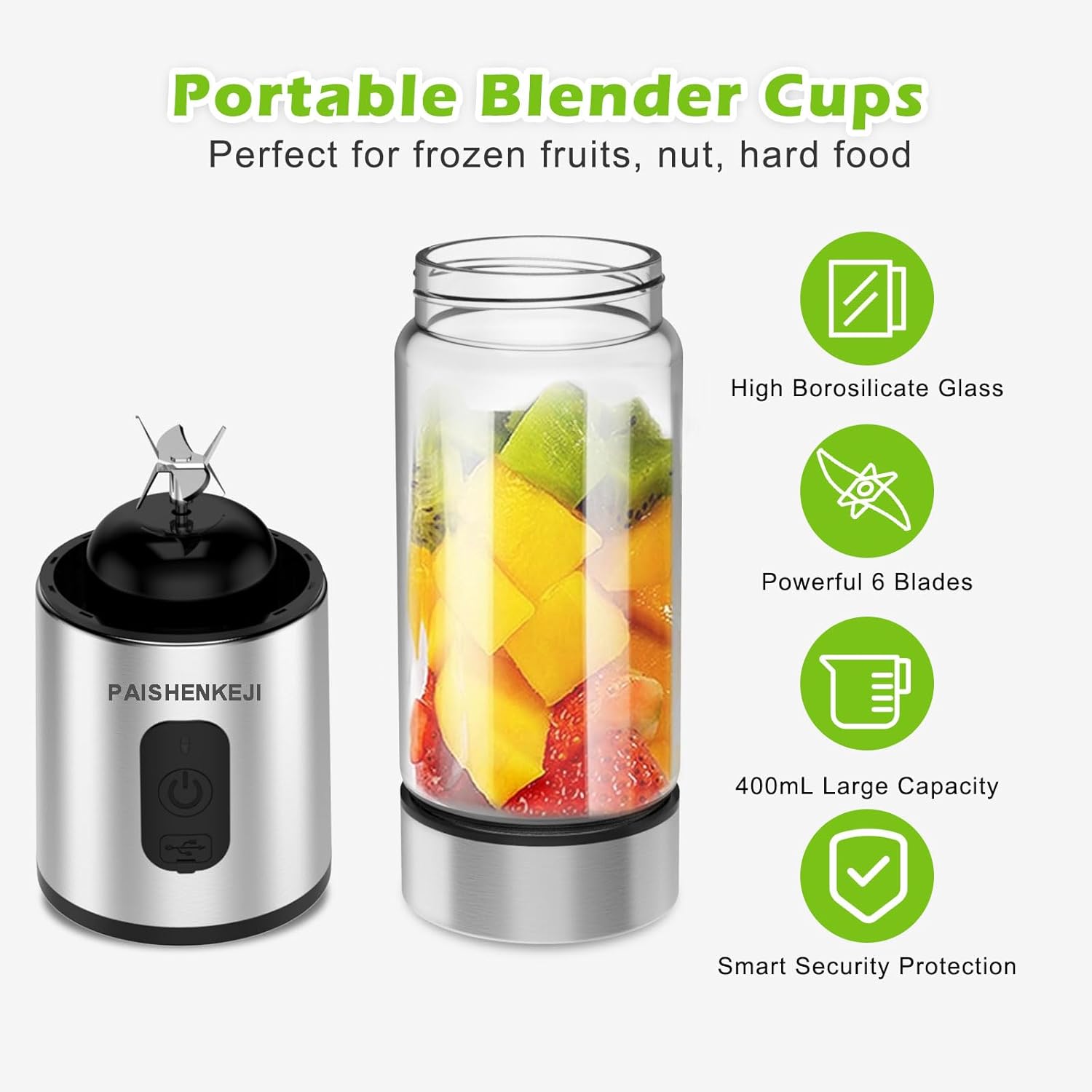 Glas-Smoothie-Maker Mini-Mixer – Standmixer, tragbarer Mini-Mixer, 400 ml Smoothie-Maker für unterwegs, persönlicher USB-Smoothie-Mixer zum Zerkleinern von Eis und gefrorenen Früchten – Bild 7