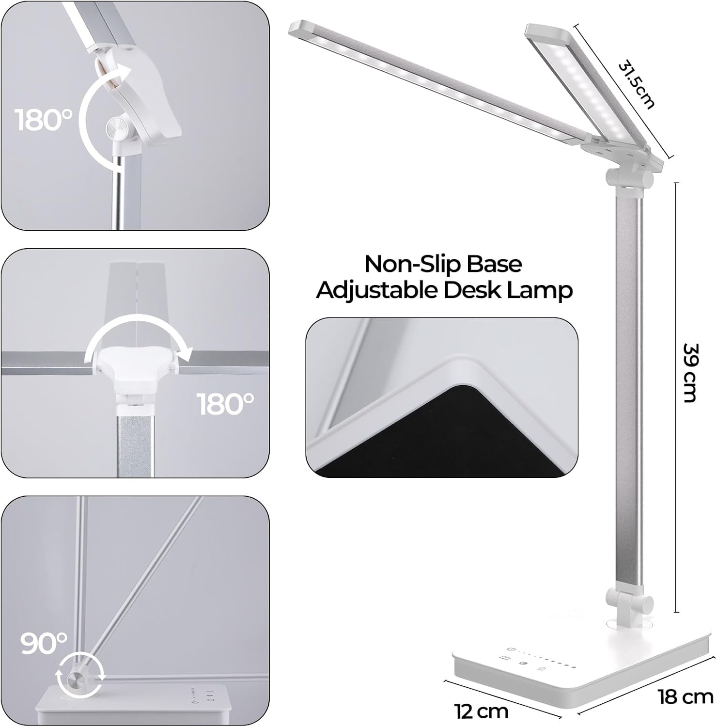 Schreibtischlampe LED 15W Dimmbar mit Augenschutz, 5 Farben und 10 Helligkeitsstufen, mit Adapter-Ladefunktion, Timer-Funktion, Memory-Lesemodus, Tischlampe für Kinderzimmer, Büro (Weiß) – Bild 3