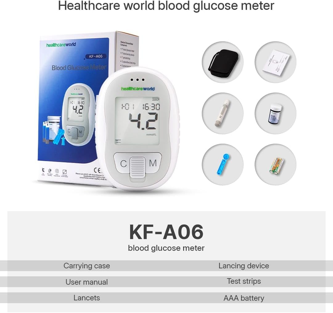 Healthcare World Blutzuckermessgerät Set mit 10 Teststreifen & 60 Lanzetten – Präziser No-Coding Glukometer für Diabetes-Tests, Blutglukose Zuhause, Schnelle Messergebnisse, Tragbares Diabetiker-Gerät – Bild 7