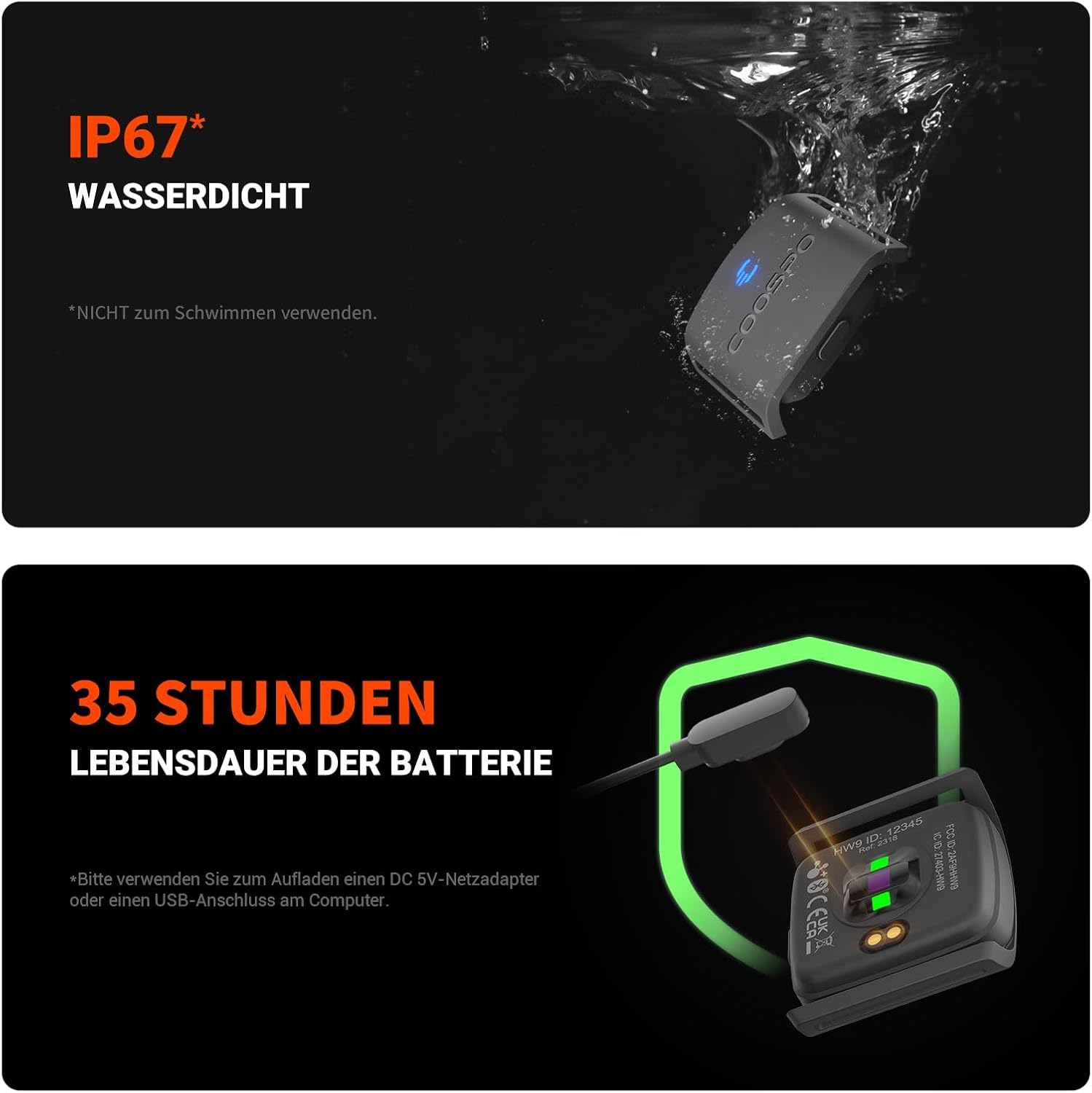 COOSPO HW9 Herzfrequenzmesser, Bluetooth ANT+ & Sensor-LED & Smart HRM Herzfrequenzmesser IP67 Wasserdichtes Herzfrequenzmesser-Armband, kompatibel mit Polar Wahoo Garmin Zwift Elite HRV – Bild 6
