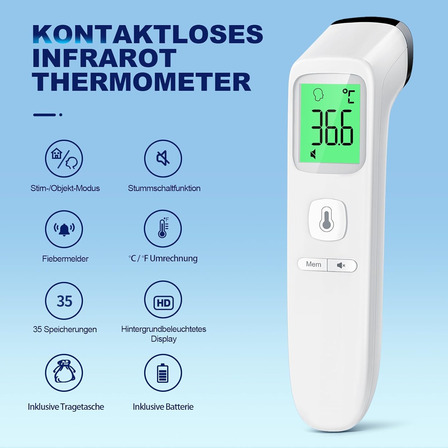 Fieberthermometer, kontaktloses Stirnthermometer, digitales Infrarot-Thermometer für Babys und Erwachsene mit sofort genauen Messwerten, Fieberalarm, LCD-Display und 35 Speicherabrufen (Creme) – Bild 2