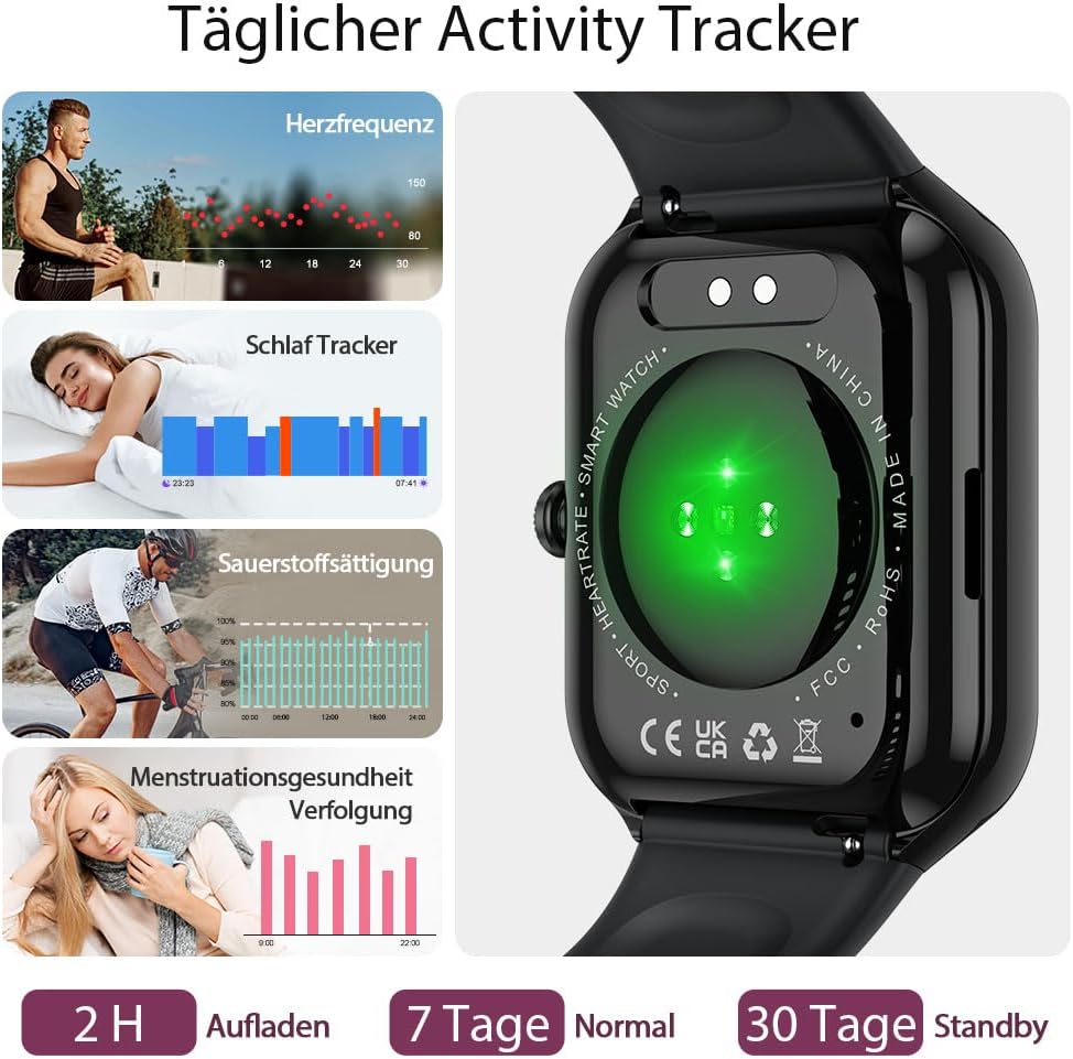 Motast 2026 Smartwatch Damen Herren, 1,96 Zoll Smartwatch, Telefonfunktion, 115+ Sportmodi, Schrittzähleruhr, Herzfrequenz/SpO2/Schlafmonitor, Fitnessuhr, IP68 wasserdichte Sportuhr für Android iOS – Bild 2