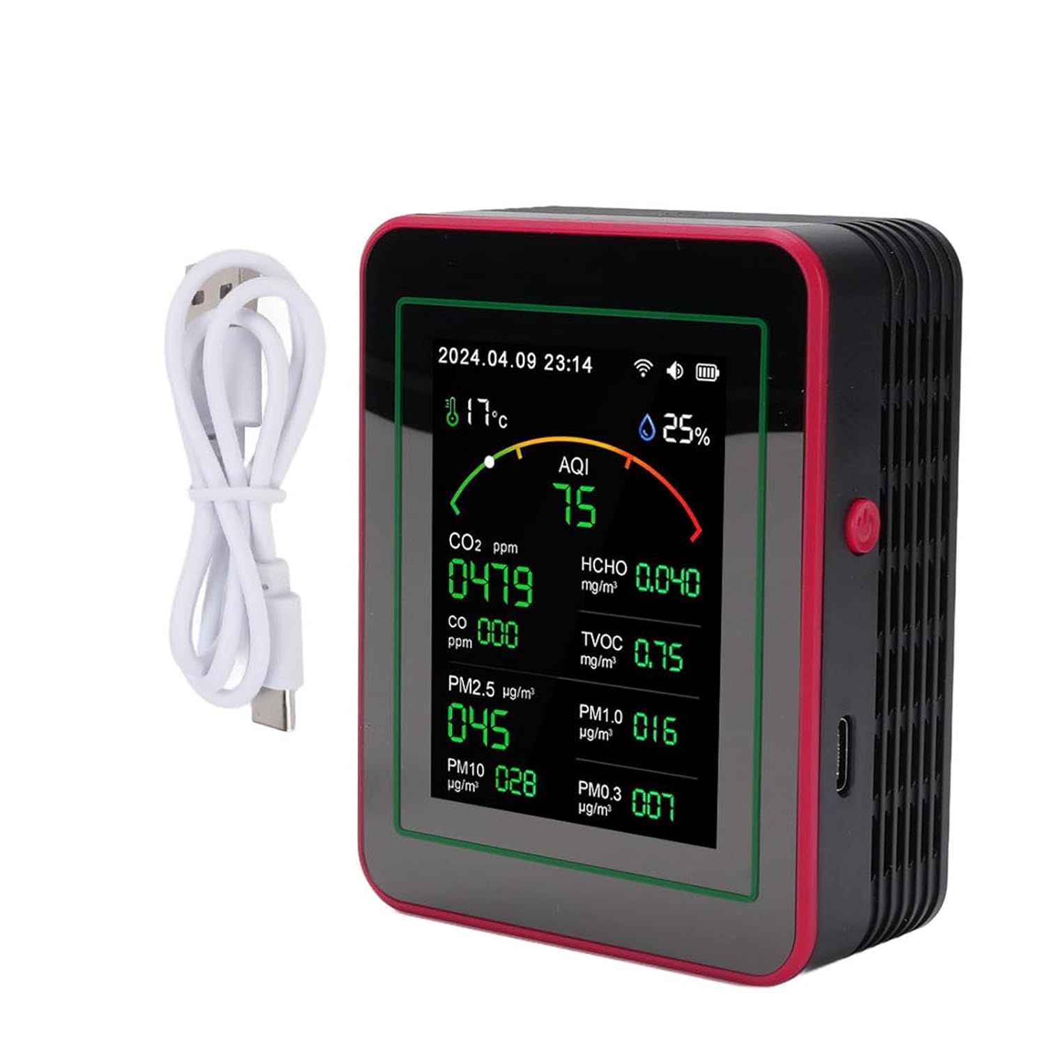 15-in-1-Luftqualitätsmonitor, tragbarer WiFi-Luftqualitätsmessgerät-Detektor mit CO2-TVOC-HCHO-PM2,5-Temperatur-Feuchtigkeitserkennung, 2,8-Zoll-LCD-Digitalanzeige für Zuhause (Schwarz + Rot) – Bild 7