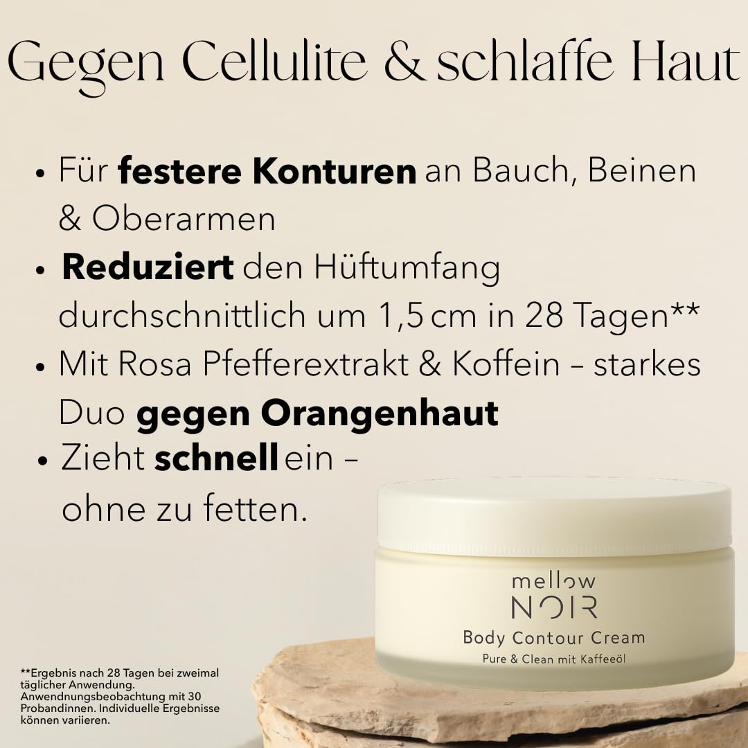 mellow NOIR Body Contour Cream 200 ml – Körpercreme gegen Cellulite und schlaffe Haut – für straffe Konturen an Bauch, Beinen und Oberarmen – zieht schnell ein, ohne zu fetten – Naturkosmetik – vegan – Bild 2